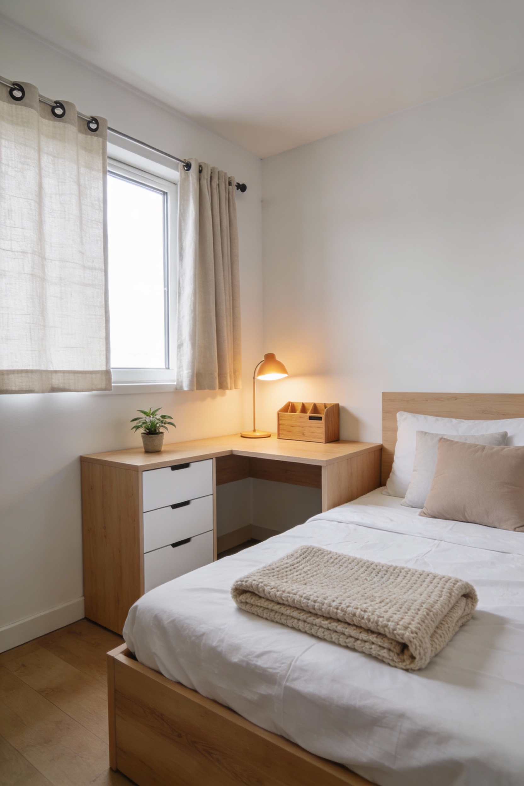 Wide corner-angle photorealistic hostel room styled as a soft Scandinavian study nook: bright off-white walls, light woo