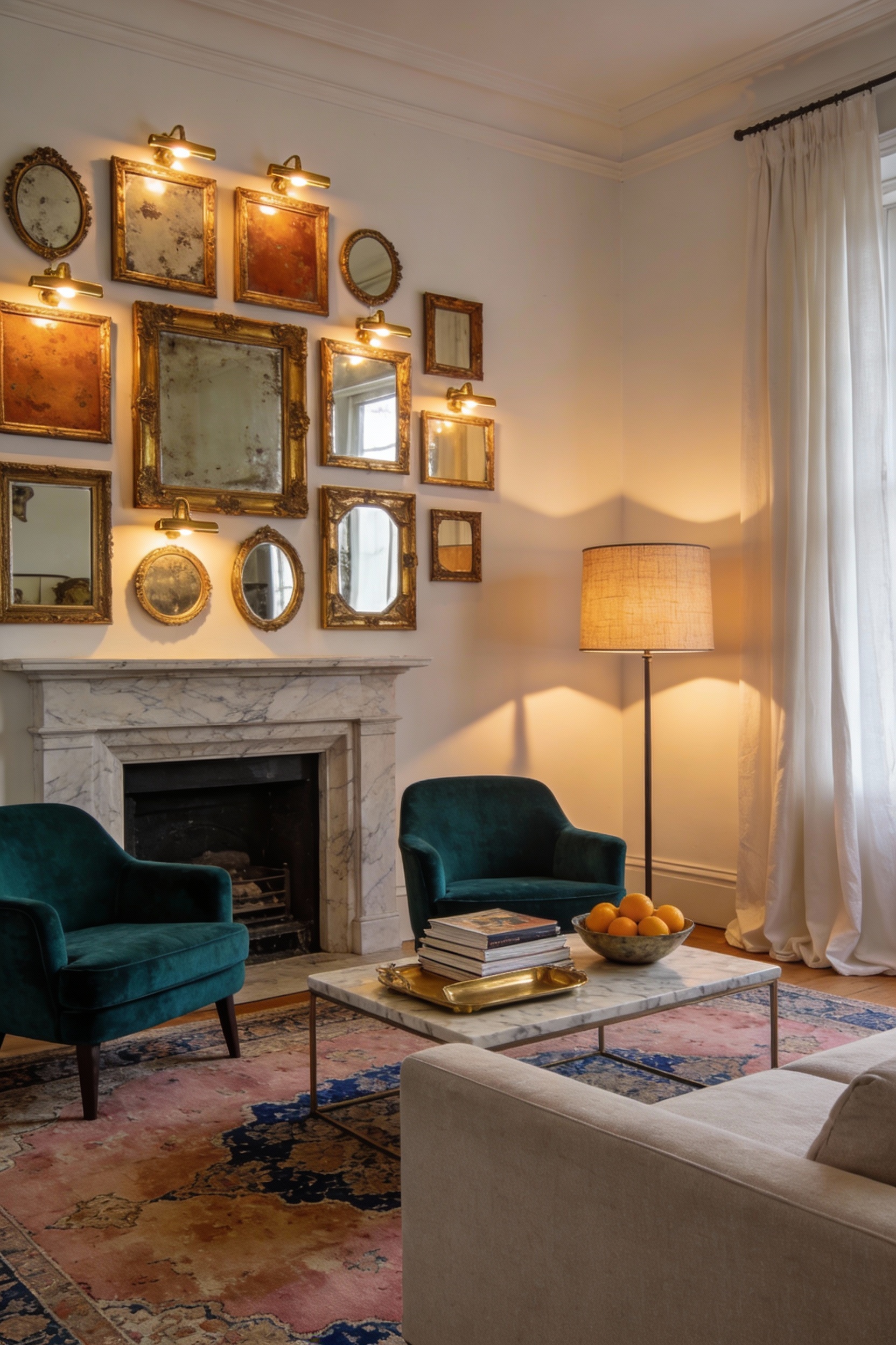 Wide corner-angle photorealistic Parisian living room with creamy off-white walls and a soft greige sofa facing a classi
