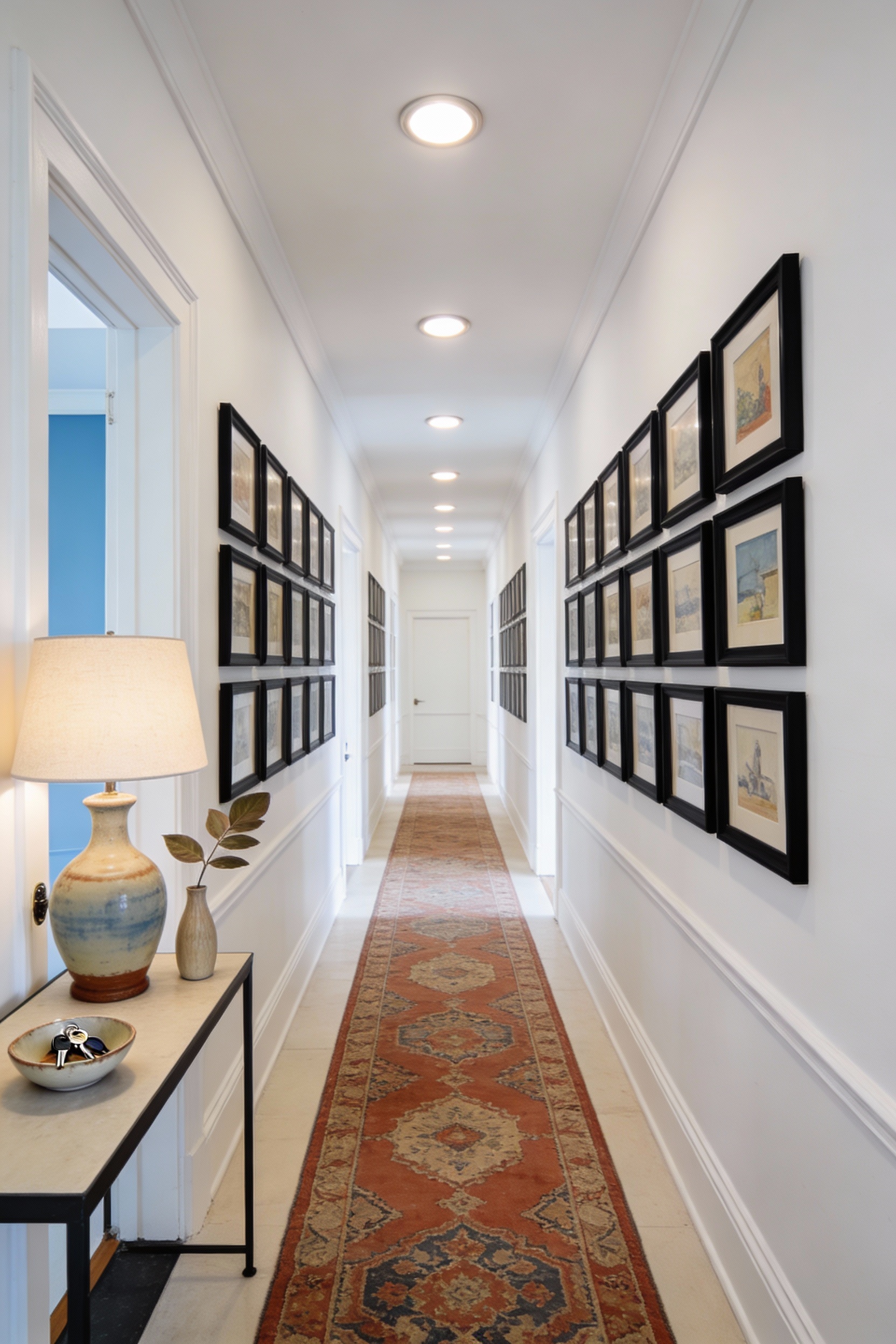 Wide straight-on photorealistic shot down a long bright hallway with soft white walls and warm white trim, a long vintag