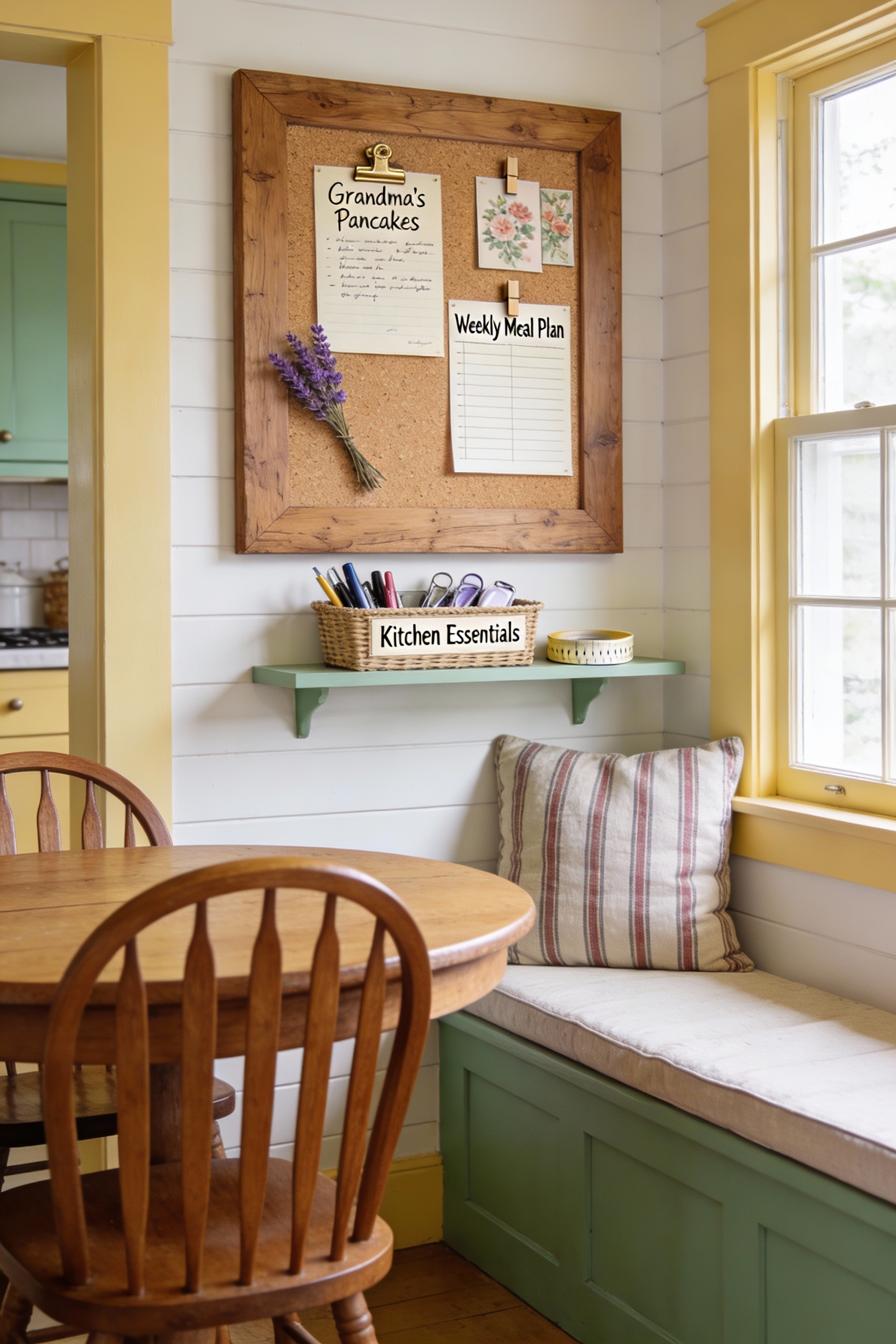 Wide, cozy cottage kitchen breakfast nook in creamy whites, butter yellow, and sage green accents; softly lit warm ambia
