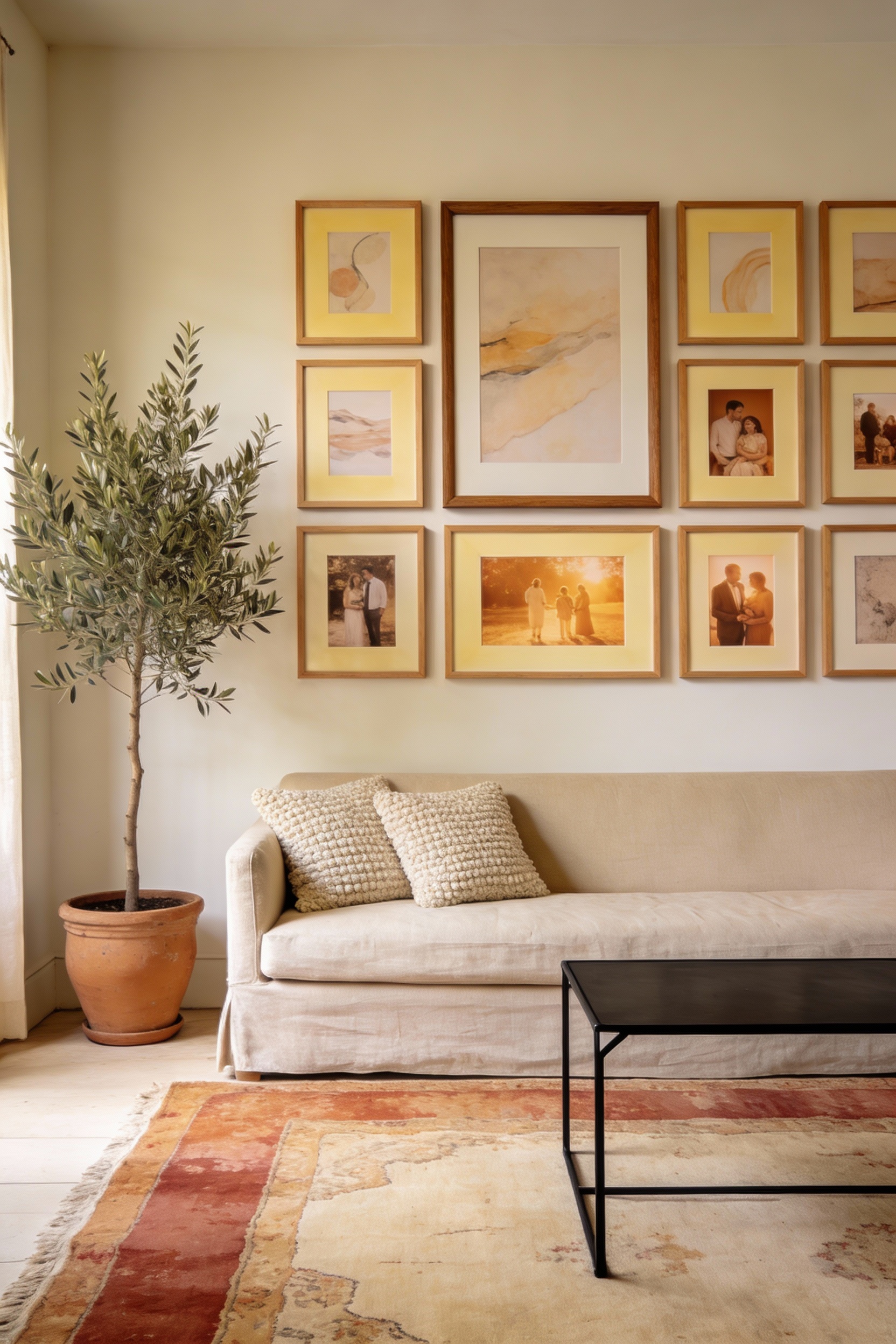 Wide photorealistic living room, warm cream walls and gentle daylight; a curated gallery wall of light oak frames with c