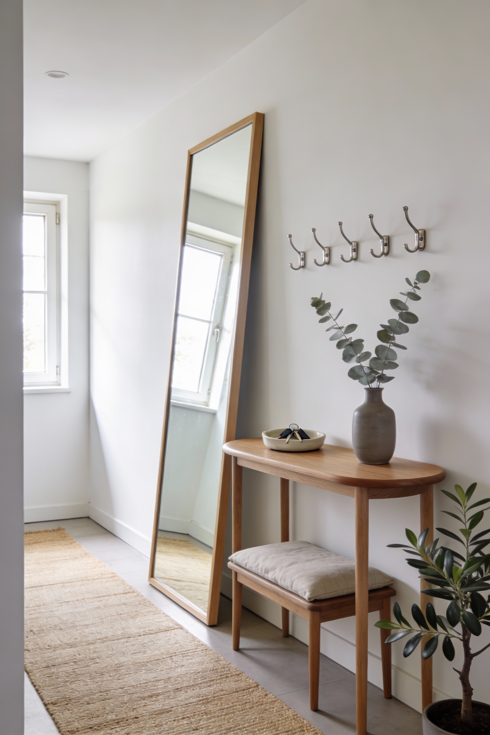 Wide photorealistic Scandinavian entryway, corner-angle view: oversized full-length leaner mirror with thin light-oak fr