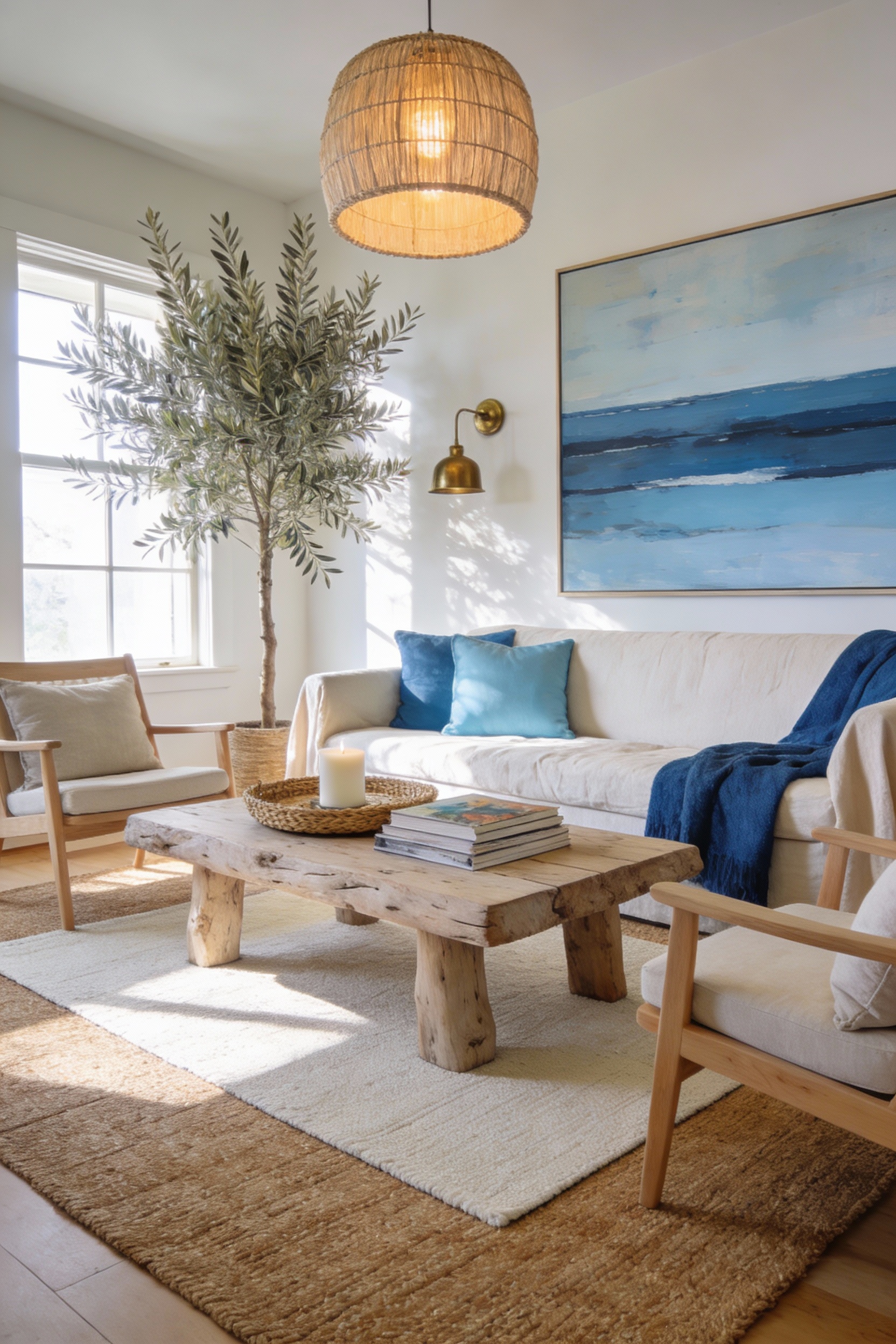 Wide photorealistic coastal living room, corner angle: large natural tan jute rug covering most of the floor with a smal