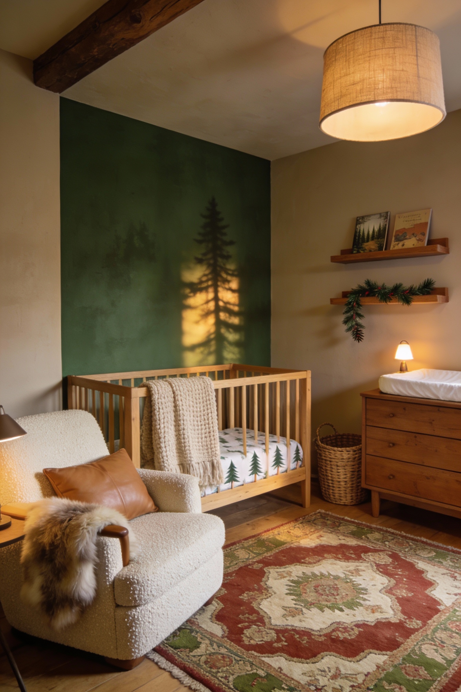 Wide photorealistic corner-angle view of a cozy woodland cabin baby nursery: soft earthy greige/clay-beige walls with a 