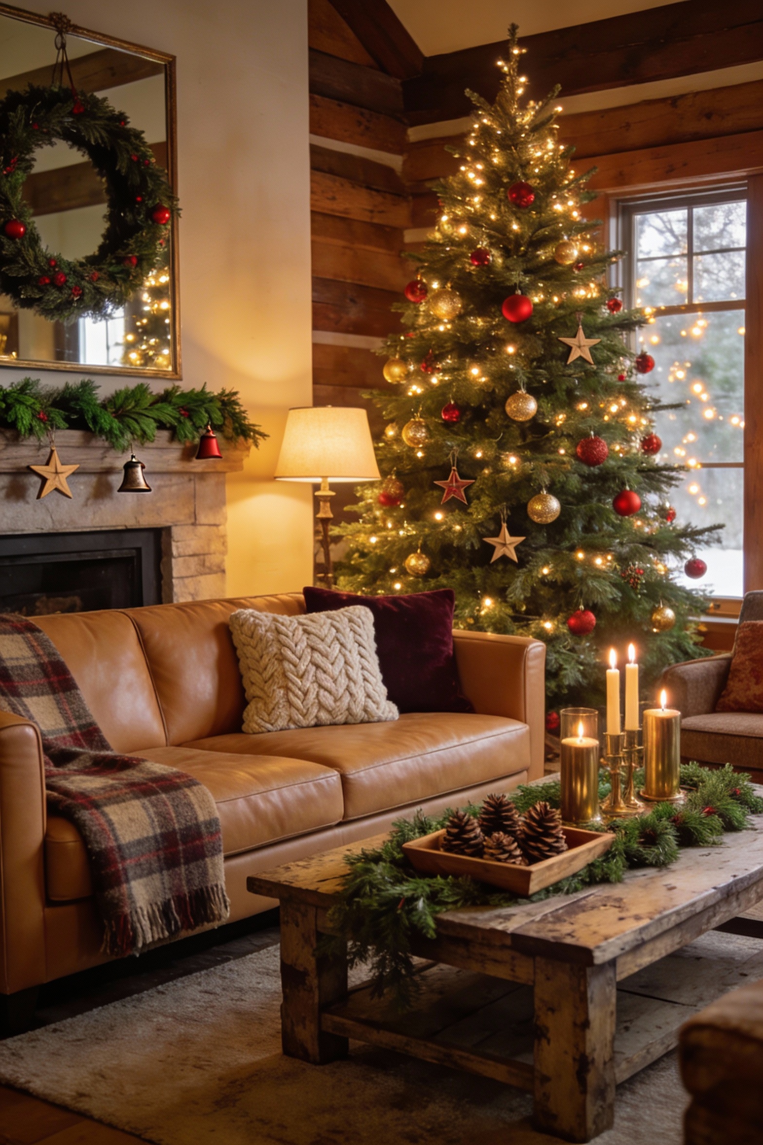 1. Wide cozy lodge living room in classic Christmas style: full fluffy evergreen tree by a window with warm white lights