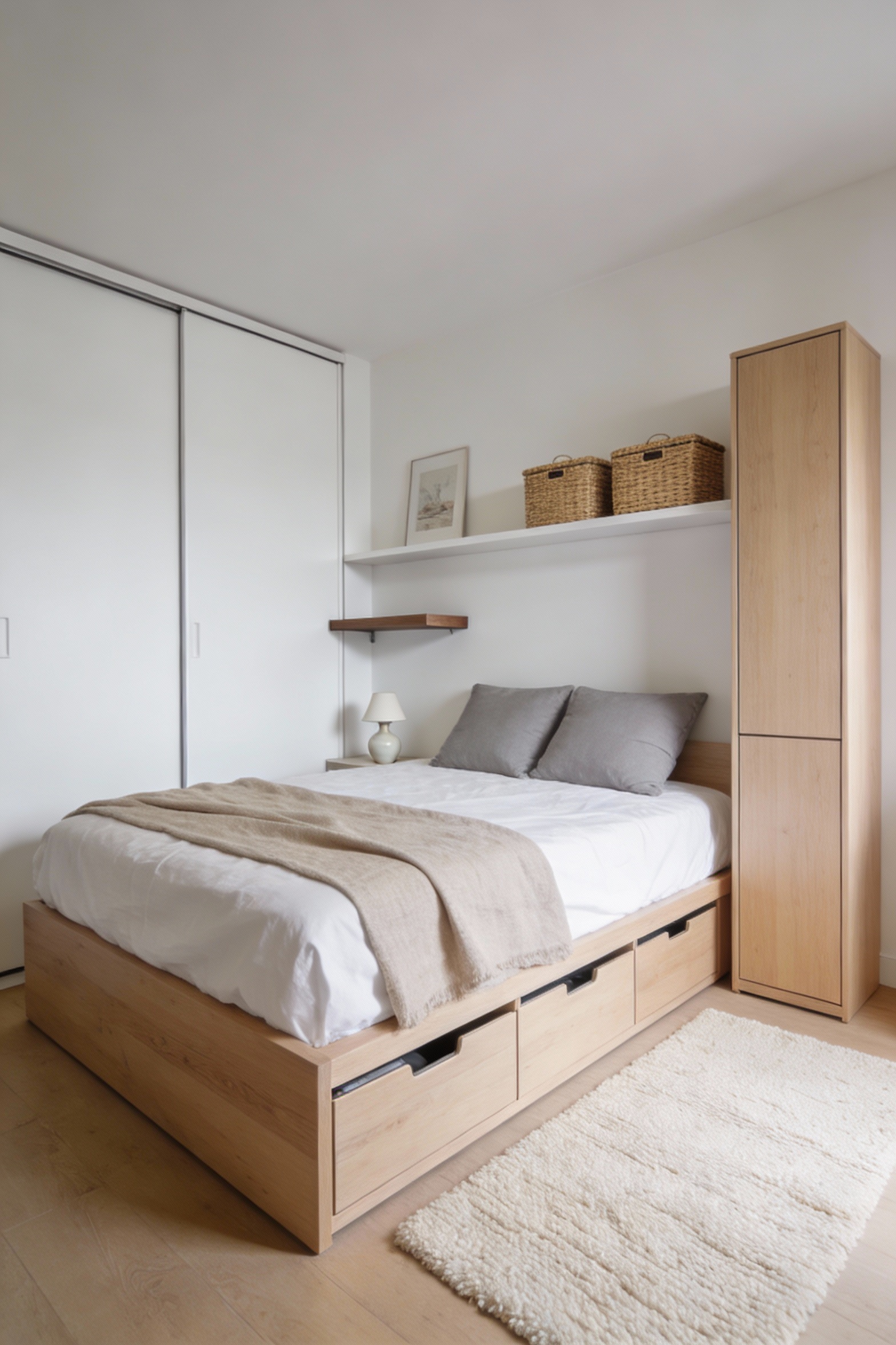 1. Wide photorealistic corner-angle shot of an airy Scandinavian small bedroom: pale oak low-profile platform bed with b