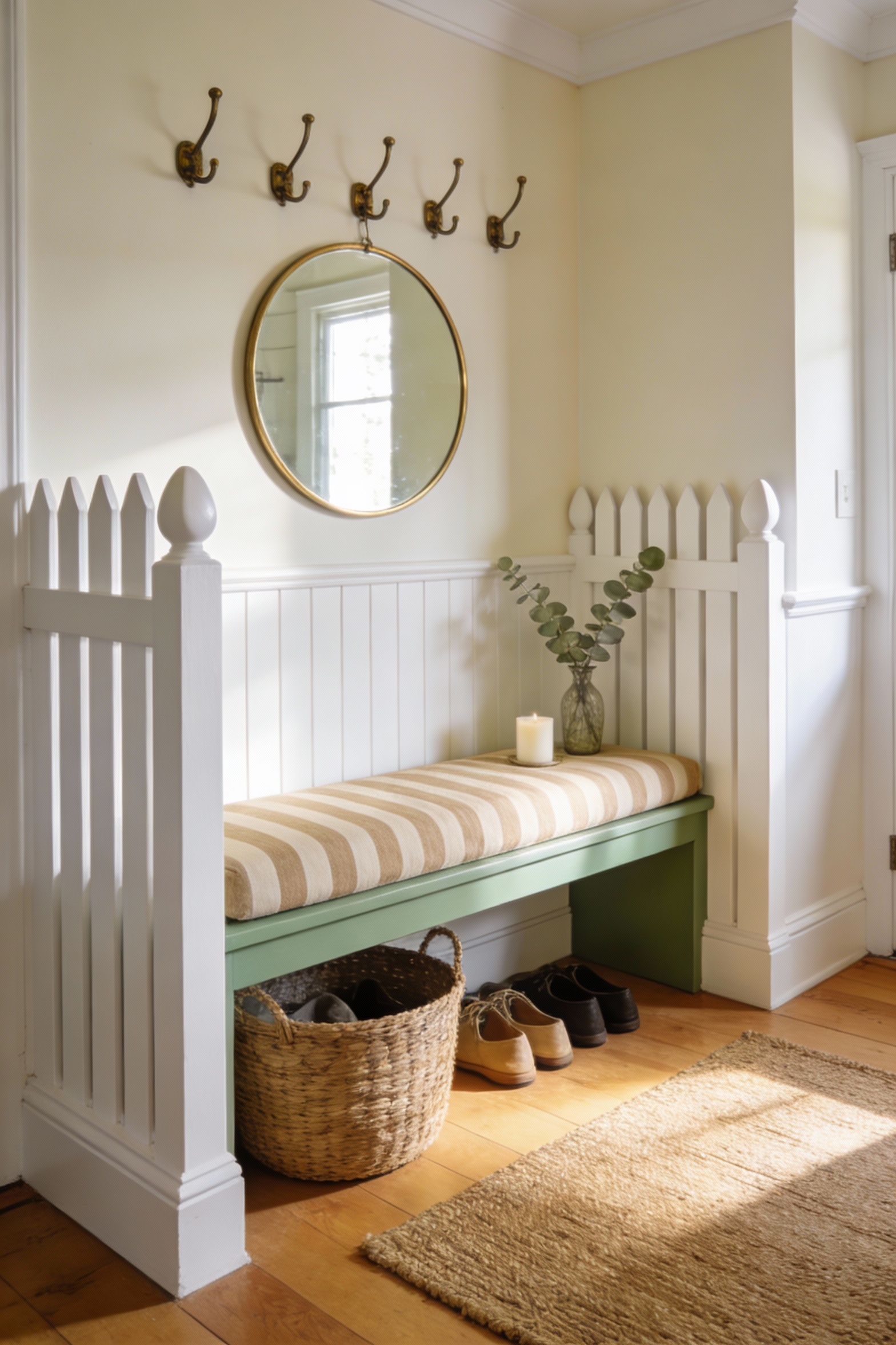 Wide-angle photorealistic cottage entryway, warm creamy-white walls with slightly brighter white trim, natural oak floor
