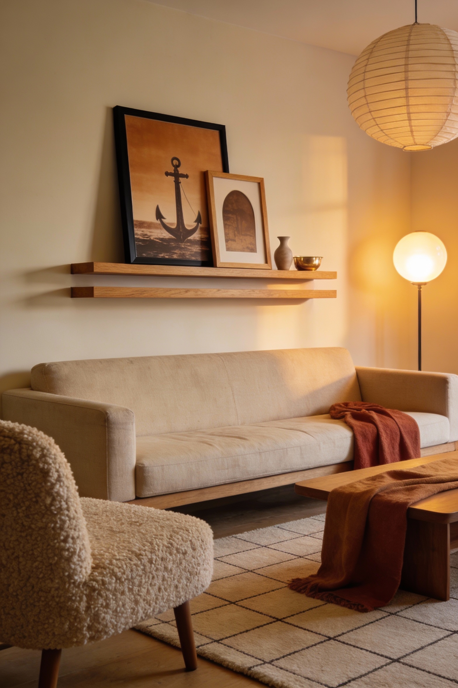 Wide warm-modern living room at golden hour: long low oatmeal-linen sofa against a creamy neutral wall, two slim stacked