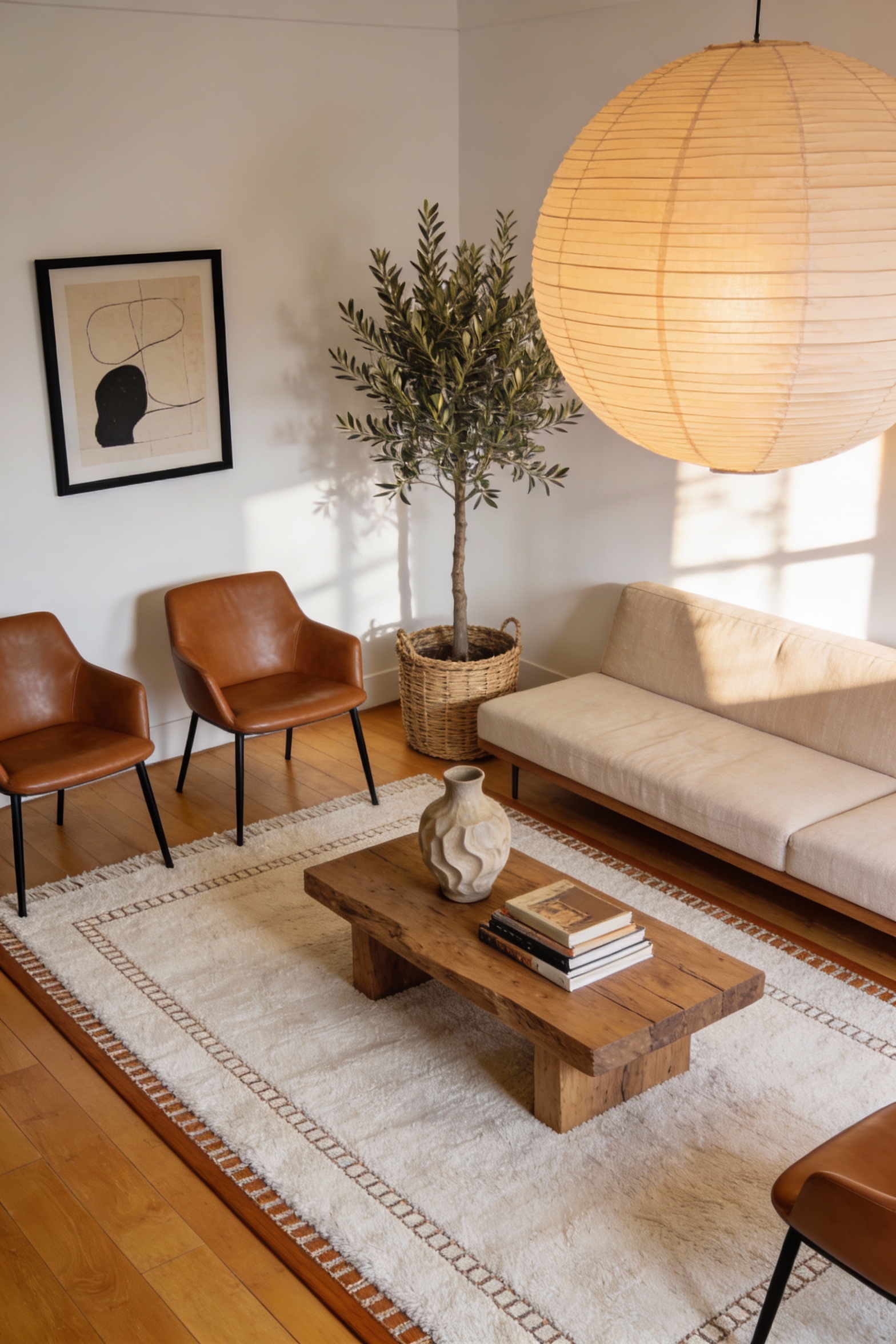 Wide photorealistic living room shot from a corner angle featuring matte wide-plank oak flooring in a warm honey tone, a