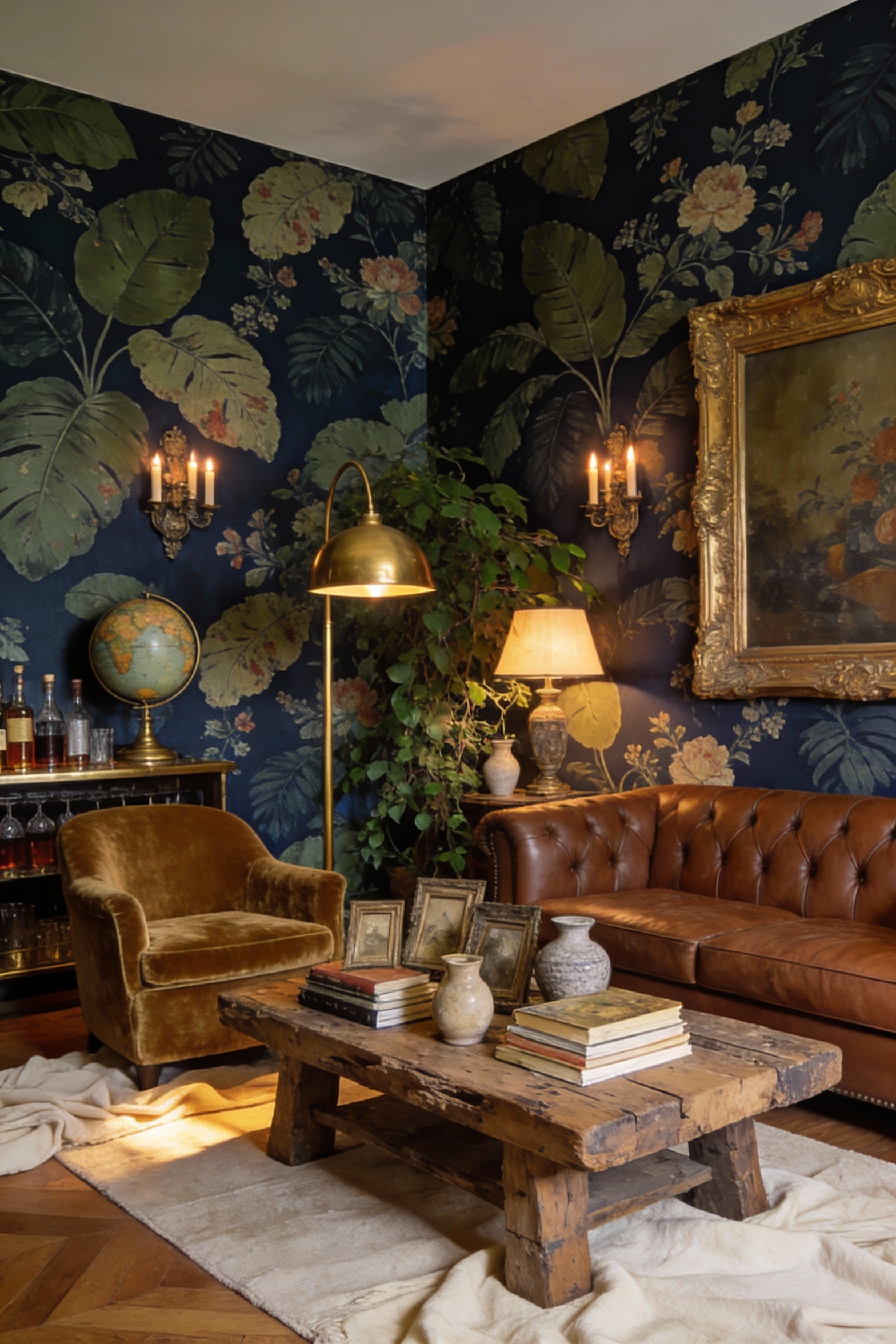 1. Wide corner-angle photorealistic shot of a moody library lounge fully wallpapered on all four walls in deep olive/ink