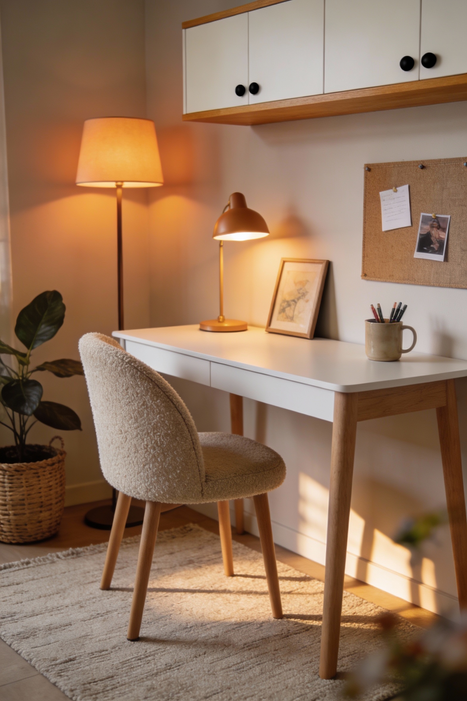 1. Wide photorealistic corner-angle shot of a warm Scandinavian “coffee shop corner” workspace: white tabletop desk on l