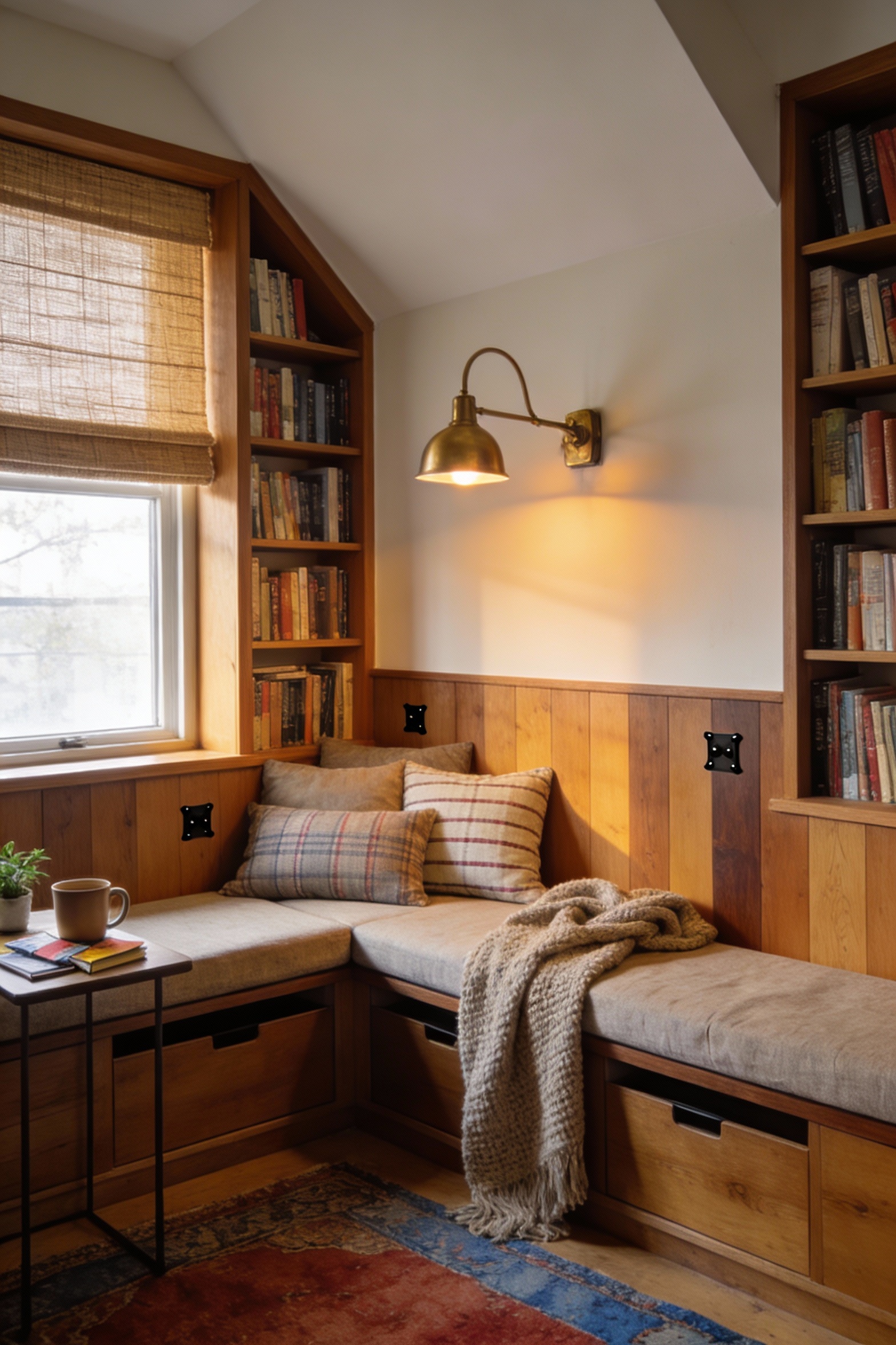 1. Wide corner-angle photorealistic shot of a cozy bay window library nook: a bench-style built-in hugging the bay angle