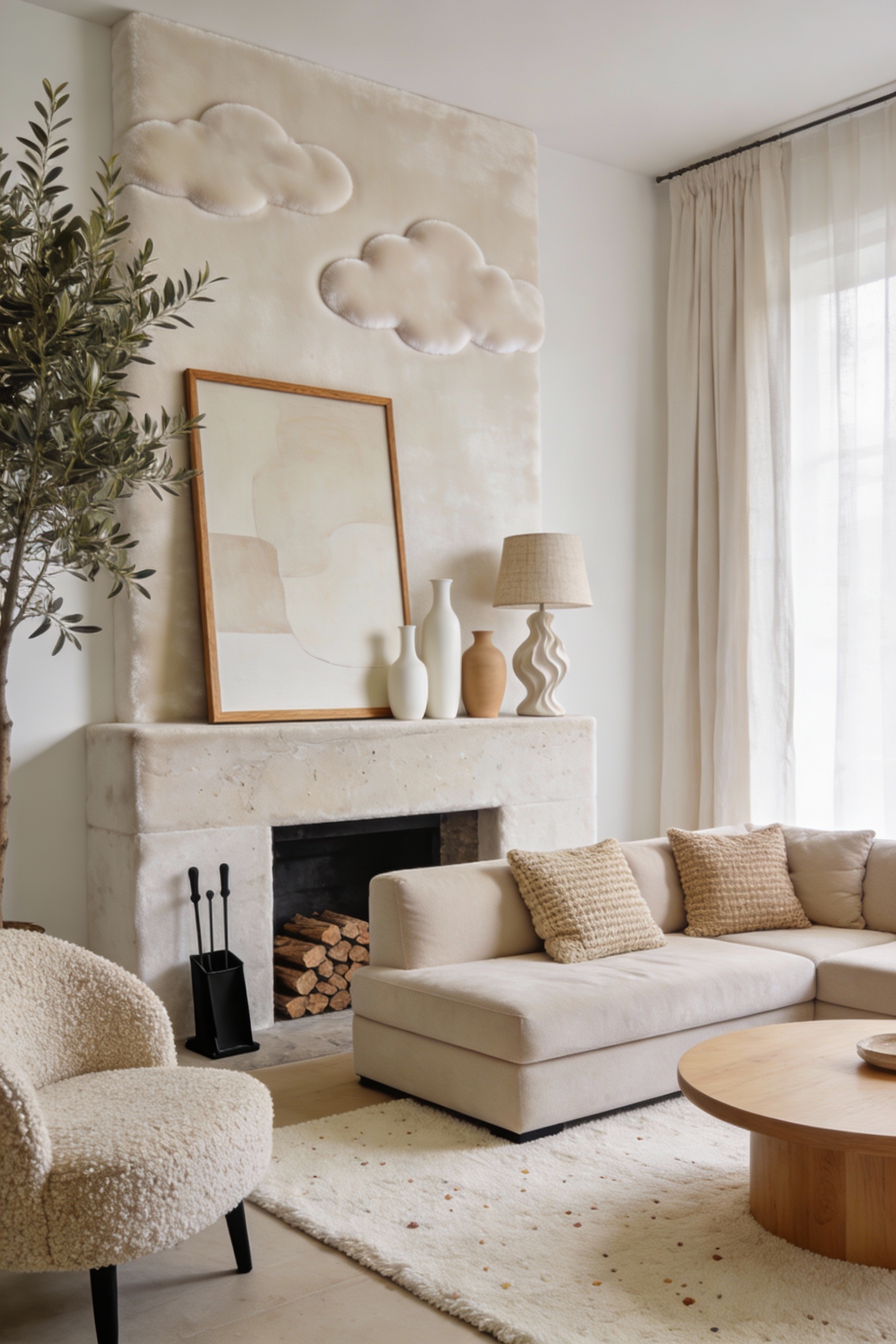 Wide corner-angle photorealistic Scandinavian living room anchored by a soft limewashed chimney breast with cloudy velve
