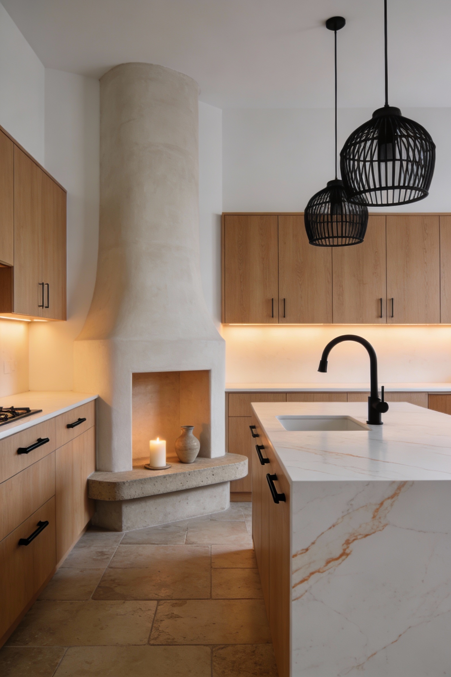 Wide-angle photorealistic modern kitchen with a sculptural smooth-plaster chimney as the centerpiece, warm white walls, 