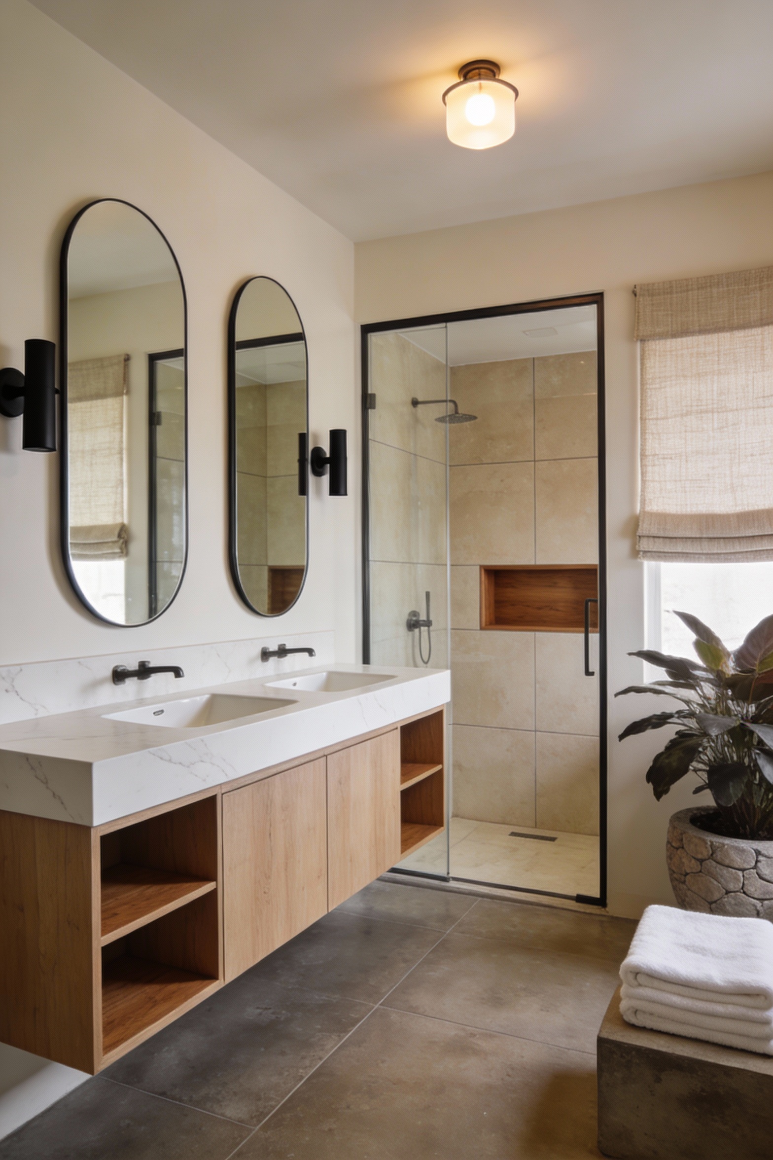 Wide corner-angle photorealistic bathroom: warm modern spa retreat with a floating white oak double vanity and open oak 