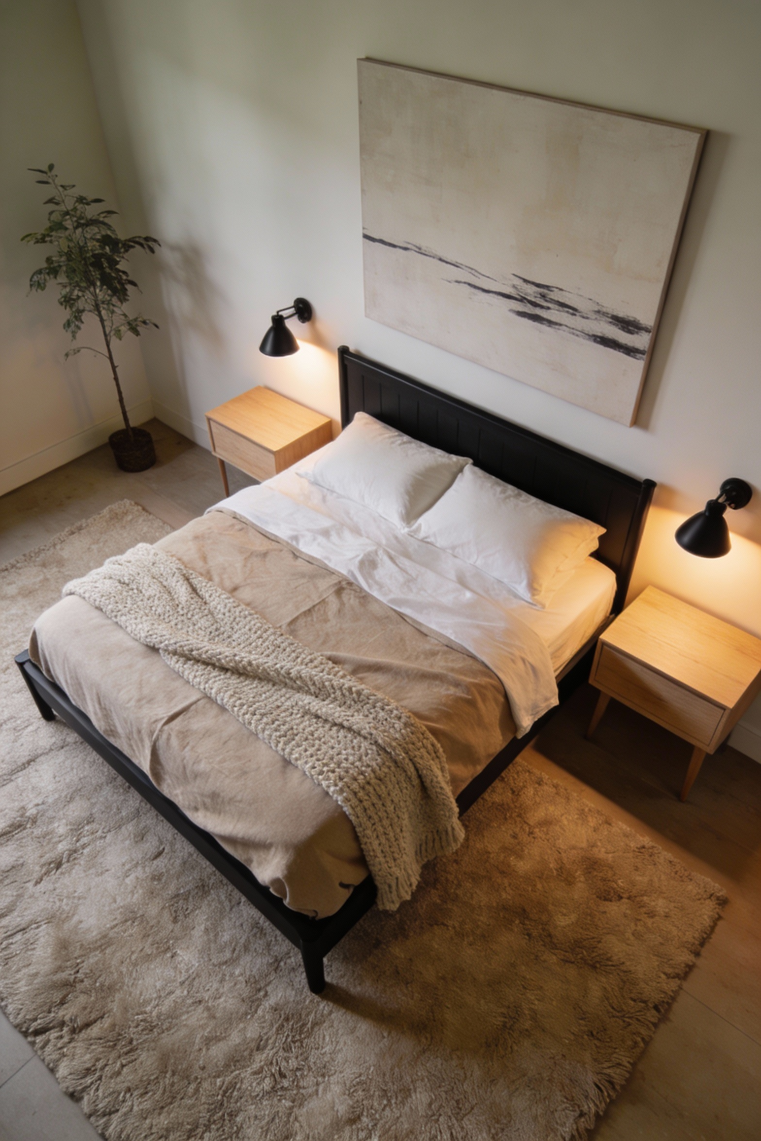 Wide corner-angle photorealistic bedroom in modern warm minimalism: black bedframe anchoring creamy white/light greige w