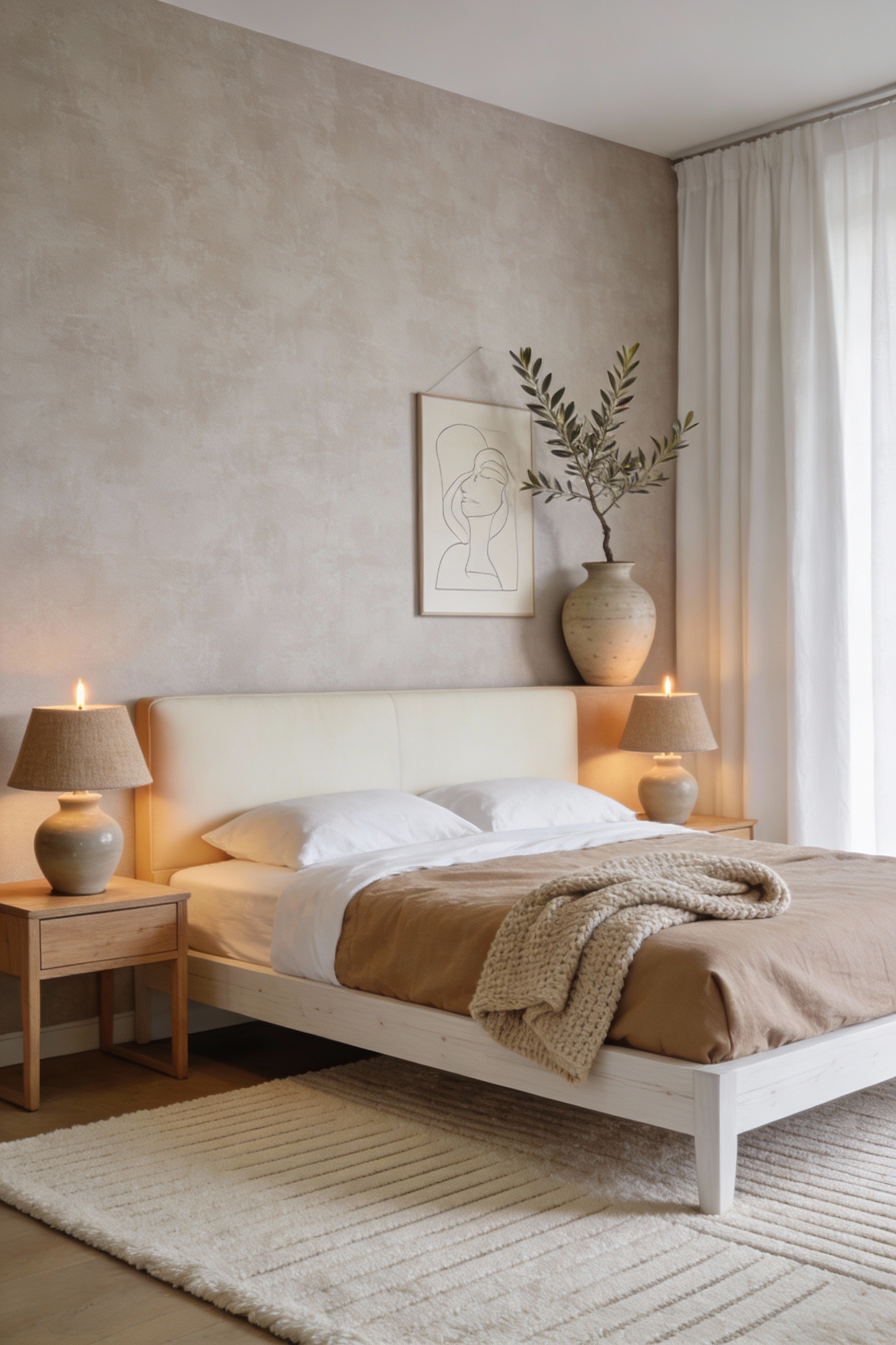 Wide-angle corner view of a modern calm bedroom retreat featuring soft greige faux-linen textured wallpaper with gentle 