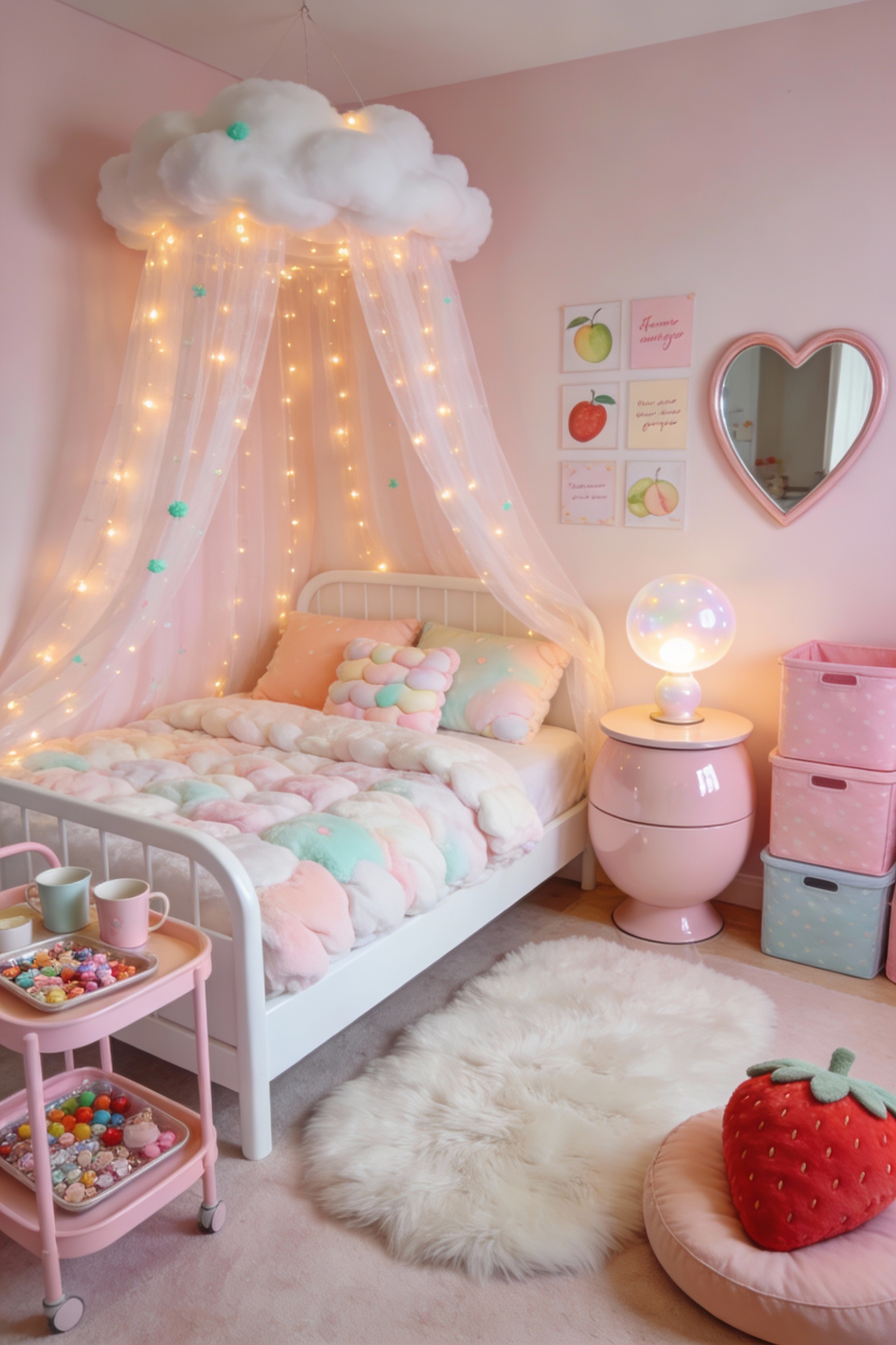 Wide-angle corner view of a Strawberry Milk Pastel Cloud bedroom: blush pink, creamy white, baby peach with tiny mint ac