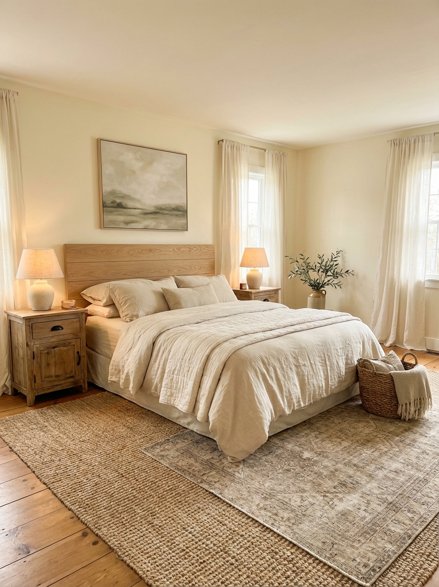 Wide corner-angle photorealistic farmhouse bedroom in buttery off-white/soft ivory with a light oak plank-headboard bed,