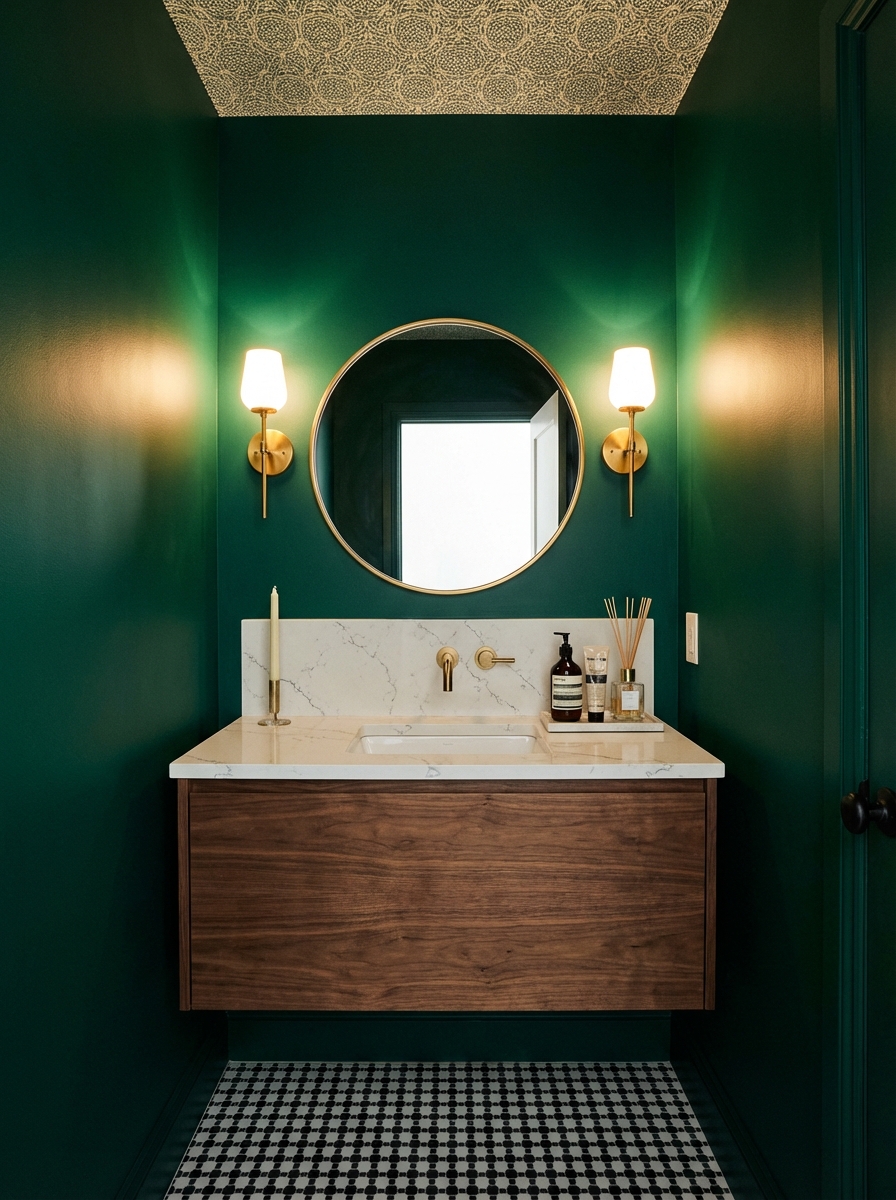 Wide photorealistic shot of a tiny downstairs toilet styled as a boutique hotel jewel box: deep emerald green walls, sli