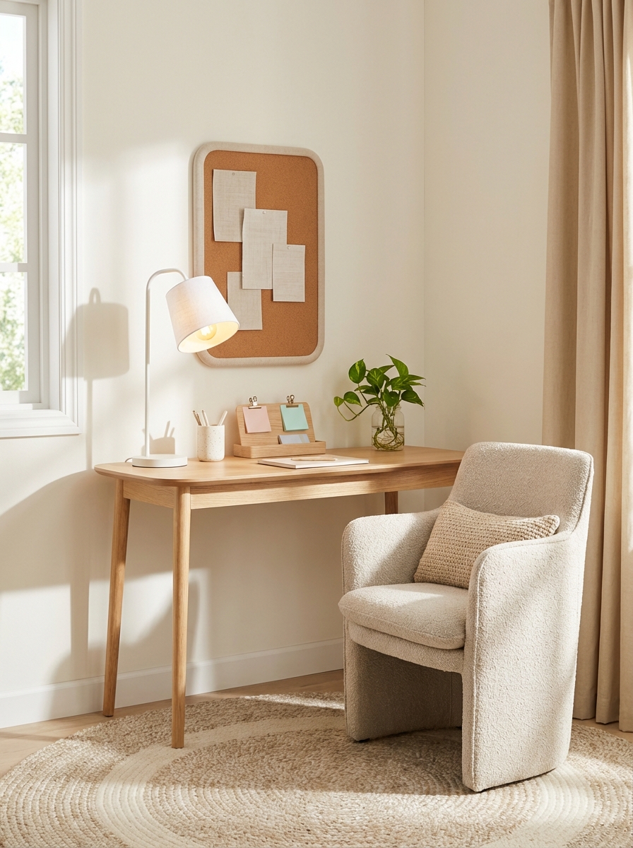Wide corner-angle photorealistic shot of a soft minimal study nook in warm neutrals: creamy white walls, warm beige acce