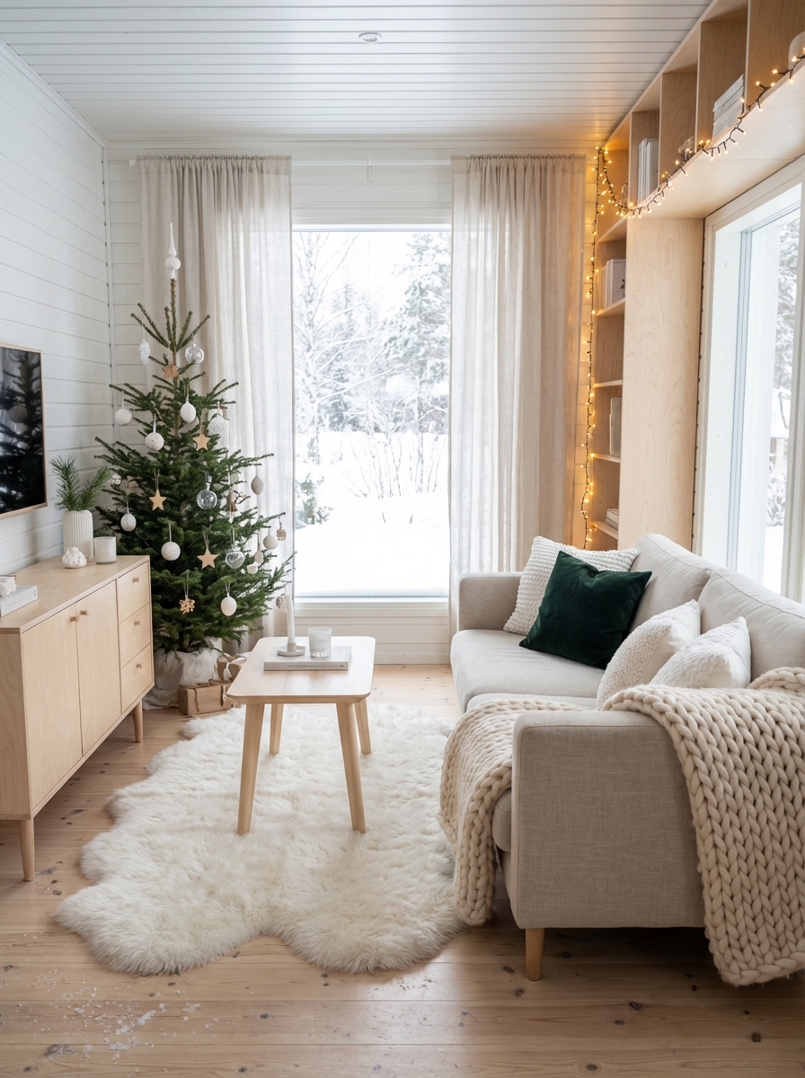 Wide corner-angle photorealistic shot of a small Scandinavian living room in a snowy-white, airy palette: slim neutral s