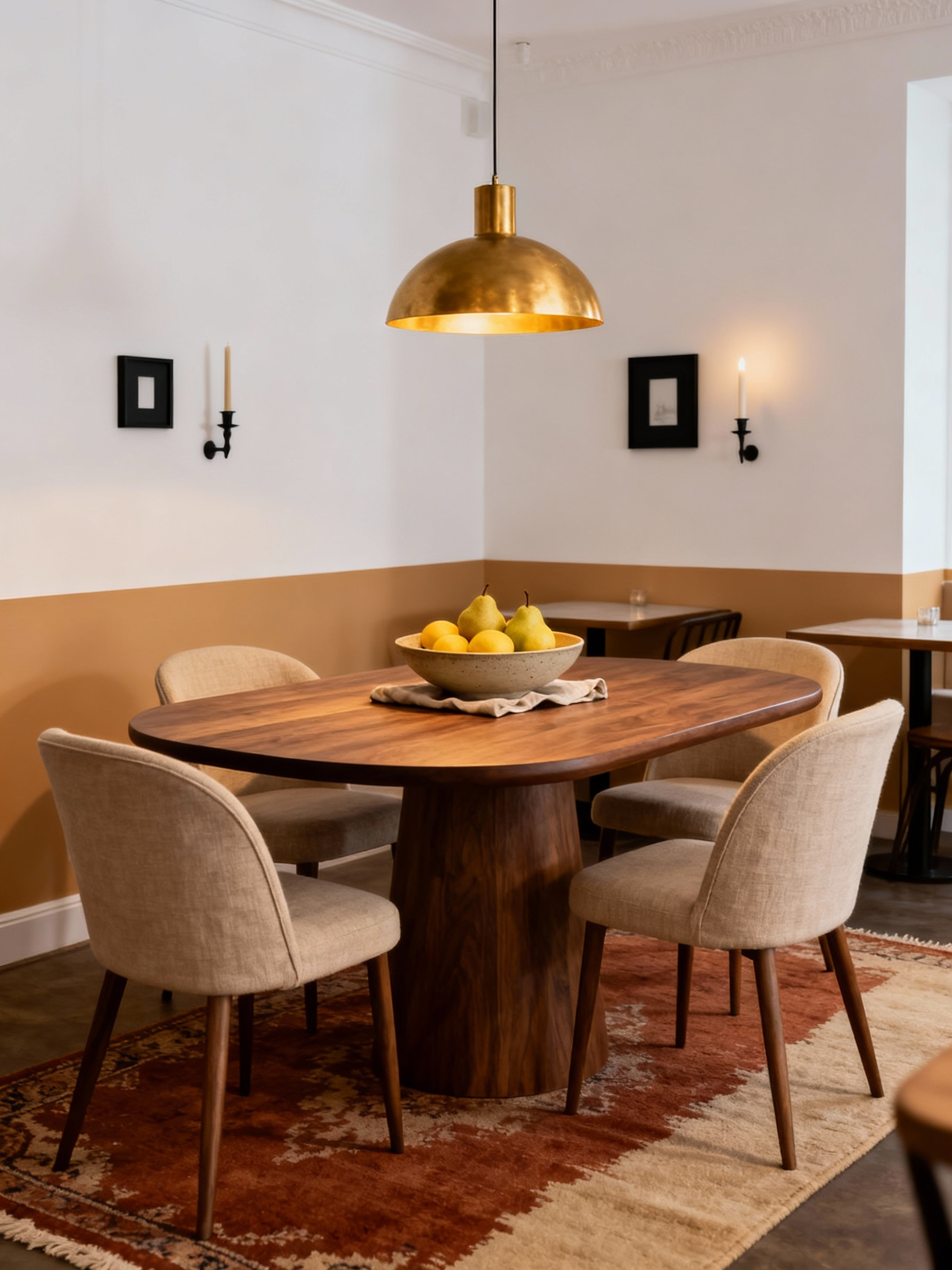 1. Wide, warm modern bistro dining room at dusk: walnut dining table with soft rounded edges, oatmeal linen upholstered 