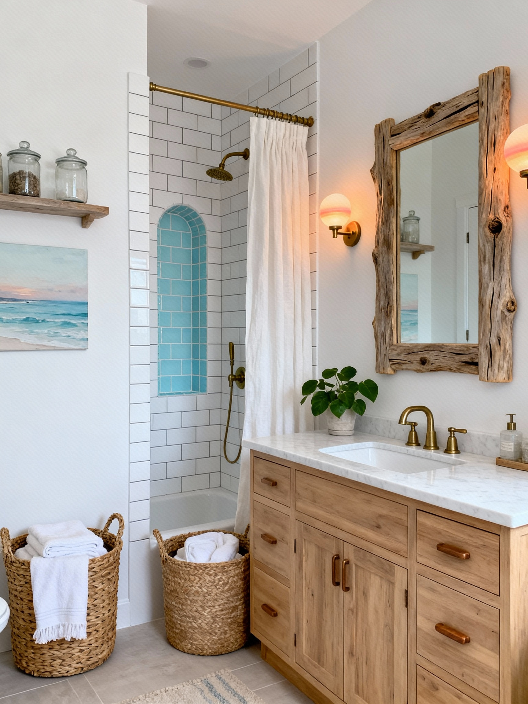 Wide corner-angle photorealistic bathroom interior in a coastal calm retreat style: crisp white walls, sea-glass blue ac