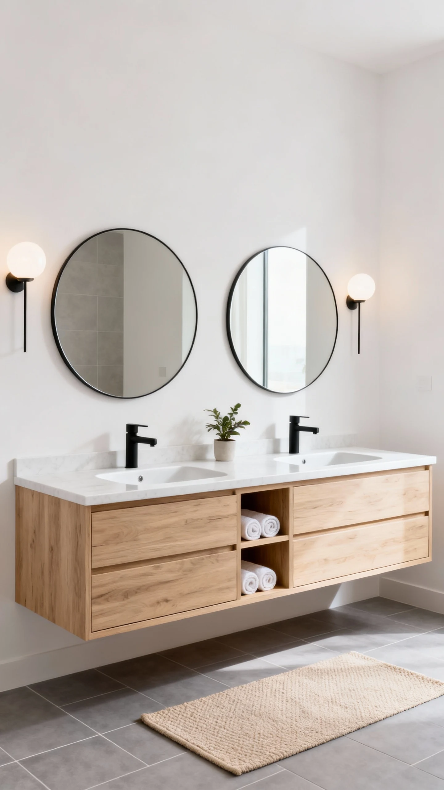 Wide, bright Scandinavian small bathroom scene with warm white walls and soft gray tile floor; a pale oak floating doubl