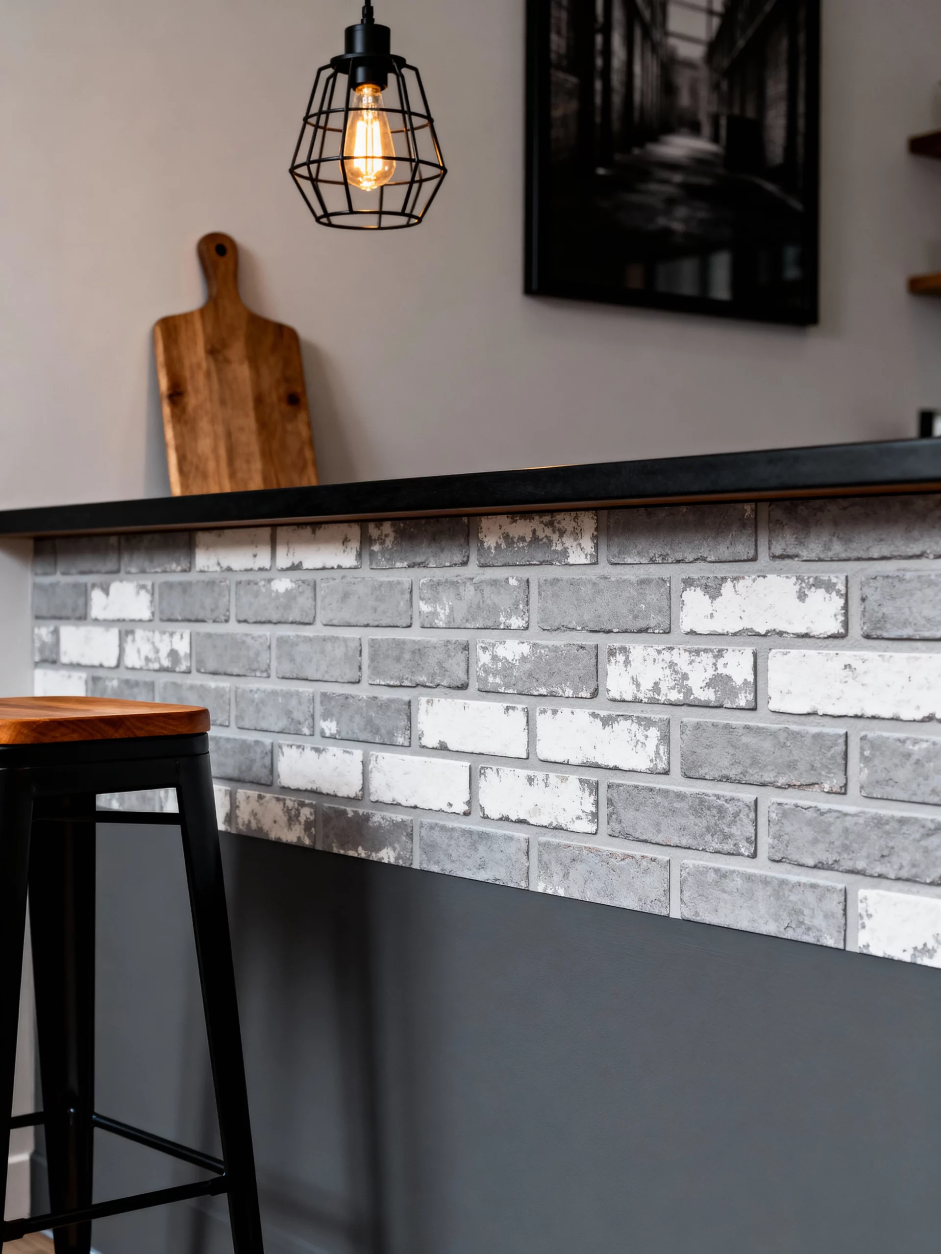 Wide, corner-angle photorealistic kitchen bar styled as a Parisian bistro: bar face painted inky navy/soft black, peel-a