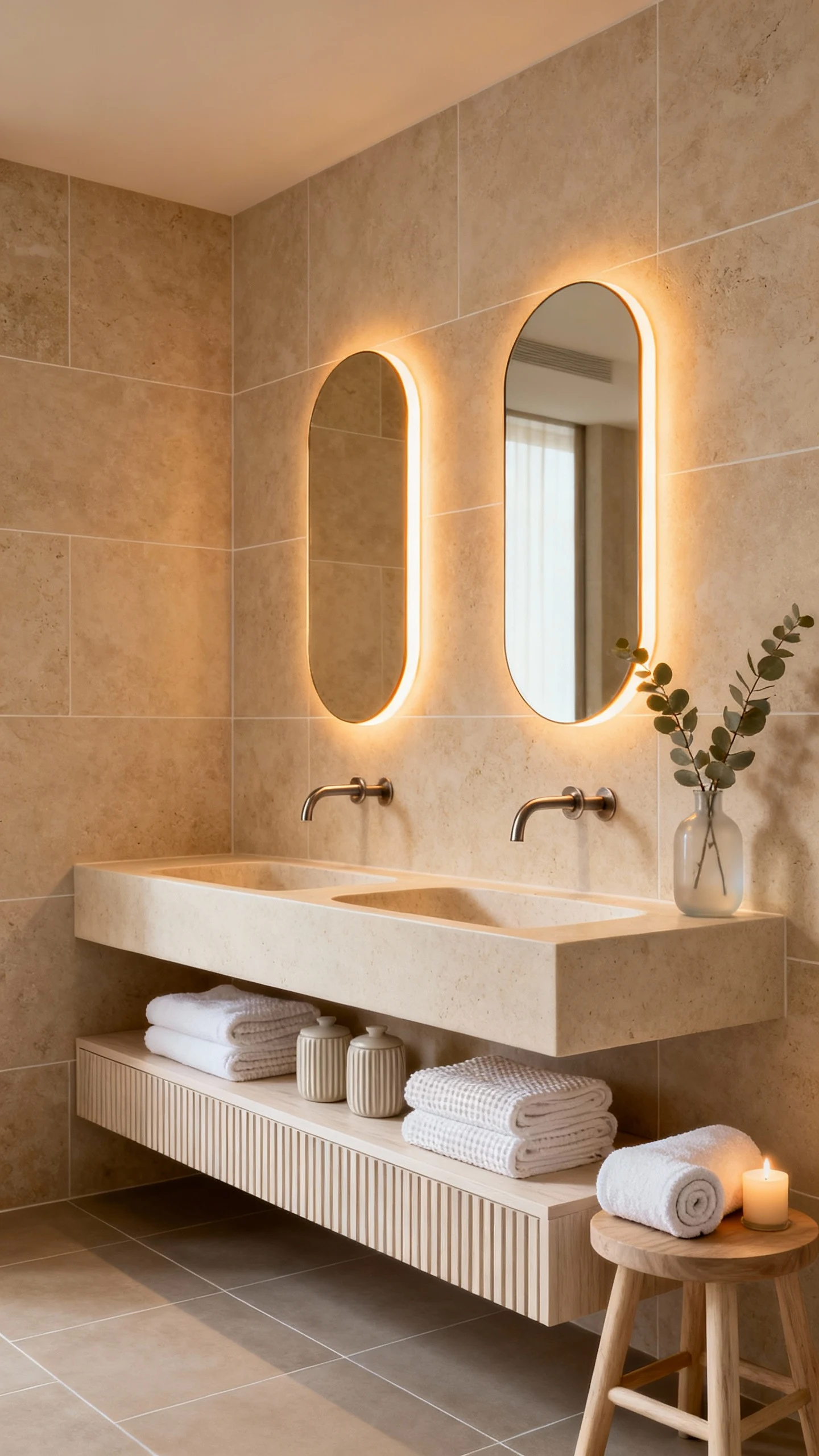 Wide, photorealistic warm minimalist spa bathroom, corner angle: floating white oak double vanity with subtle vertical s