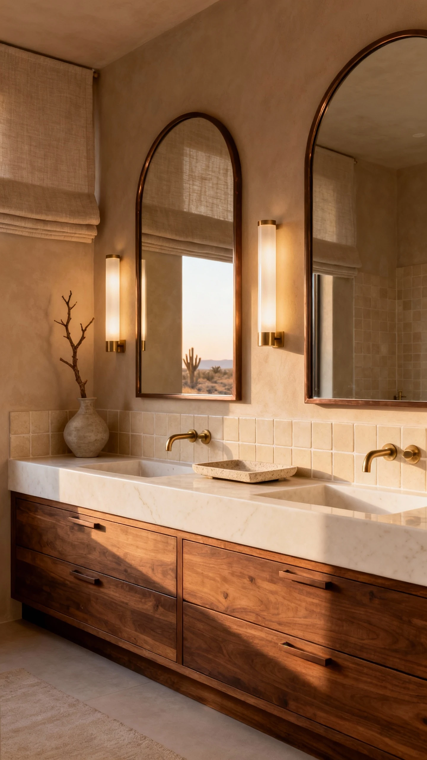 Wide corner-angle photorealistic desert-modern bathroom with a long walnut double vanity (flat-front drawers, hidden pul