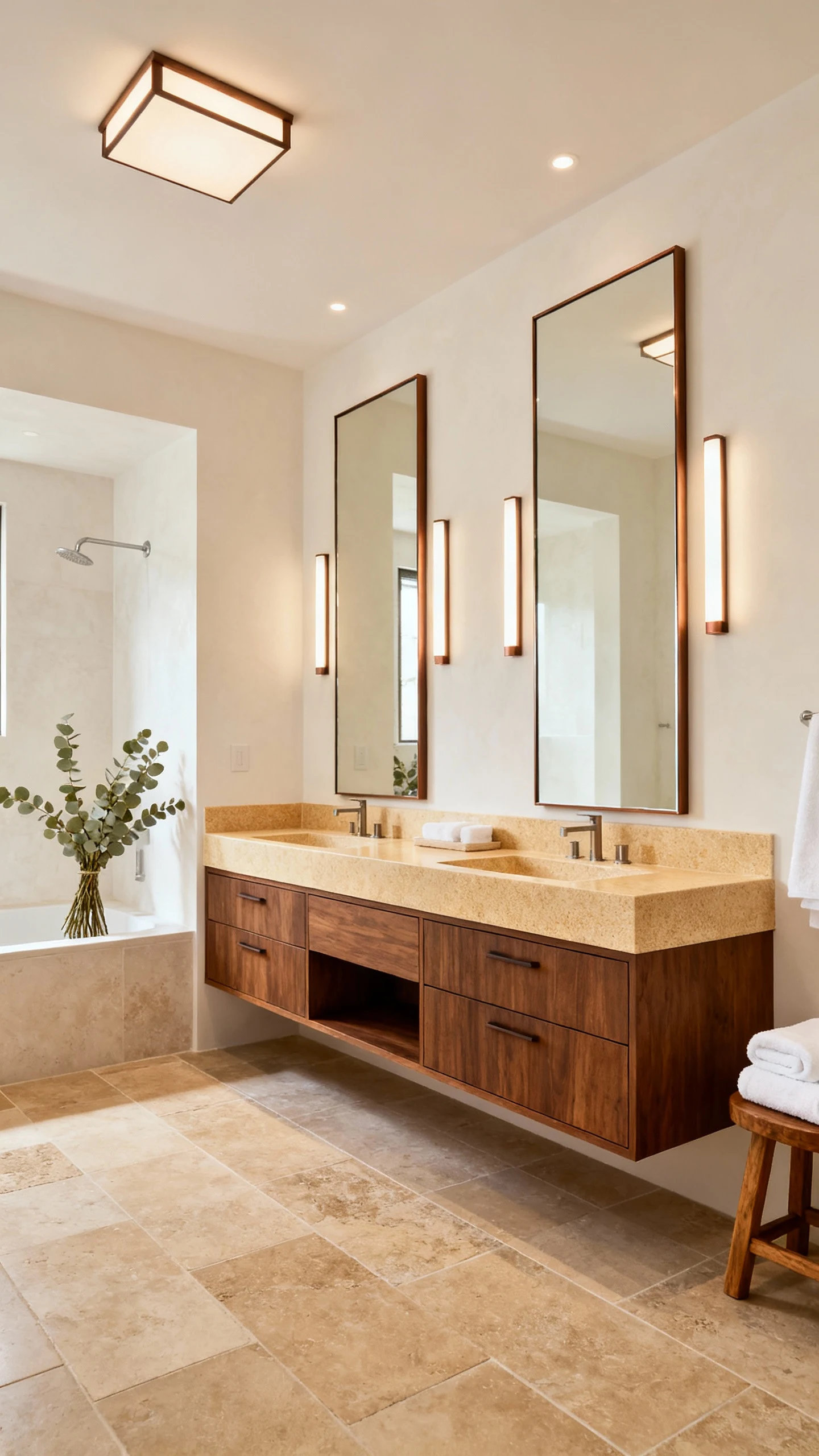 Wide, modern spa bathroom interior, corner-angle view: long floating walnut double vanity with flat-panel drawers and hi