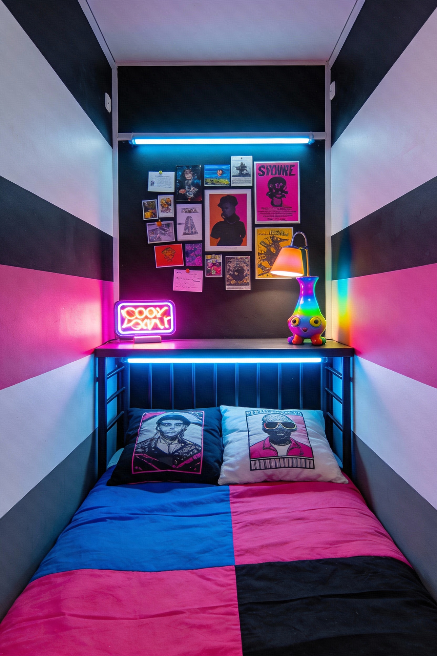 Straight-on medium shot of a neon pop creative corner in a tiny hostel room: neutral base in black/white/gray with two r