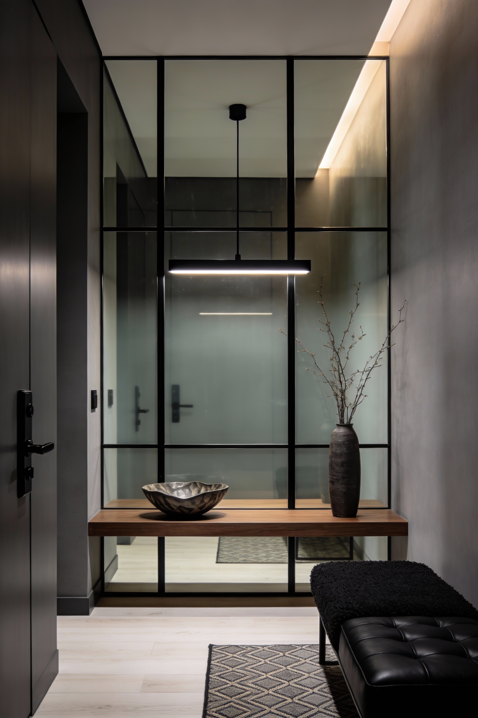 Medium straight-on photorealistic modern entryway like a boutique hotel: one full wall clad in full-height smoked mirror