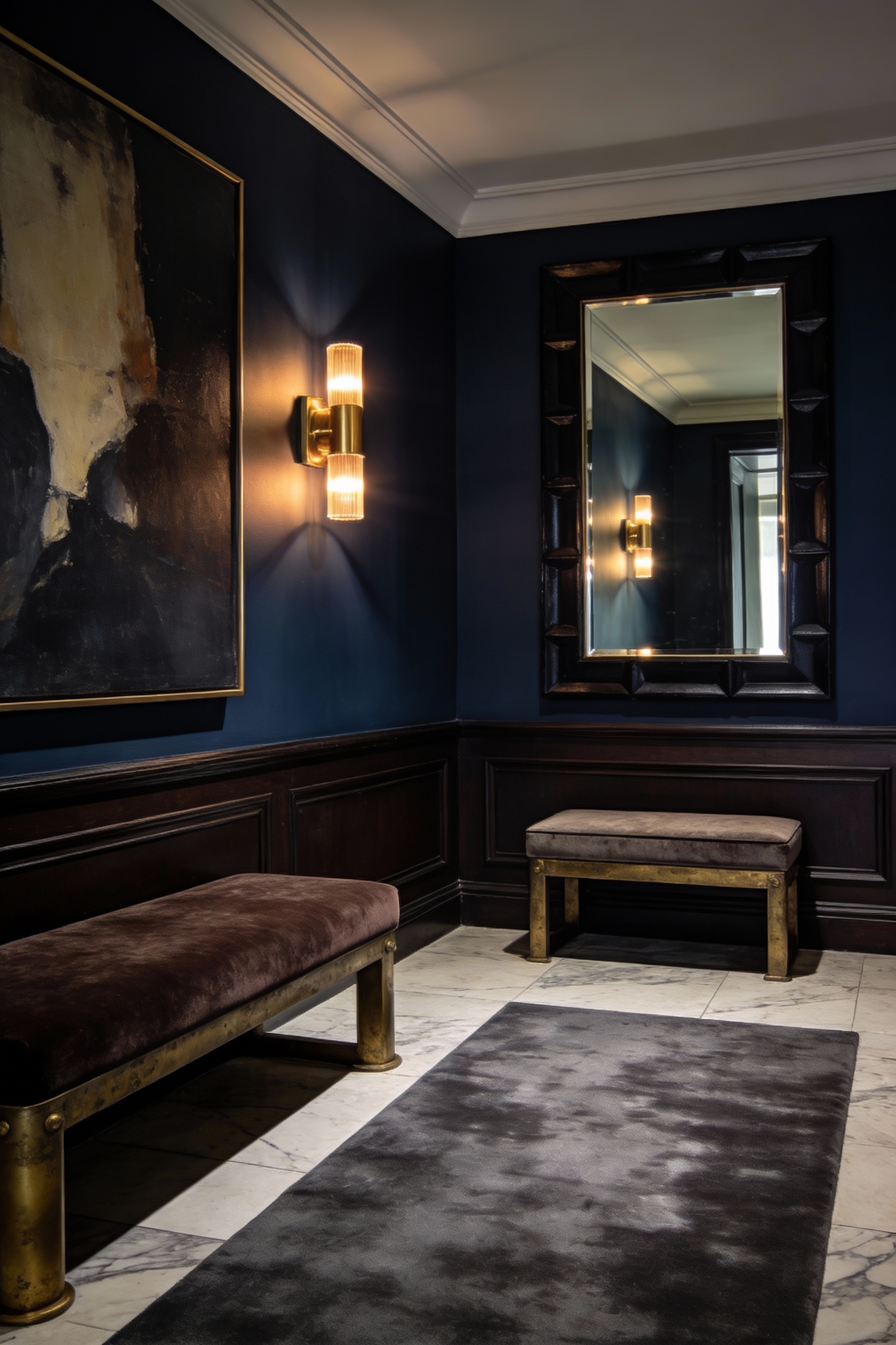 Medium corner-angle photorealistic shot of a moody boutique-hotel hallway painted deep inky navy (or charcoal) with a ri