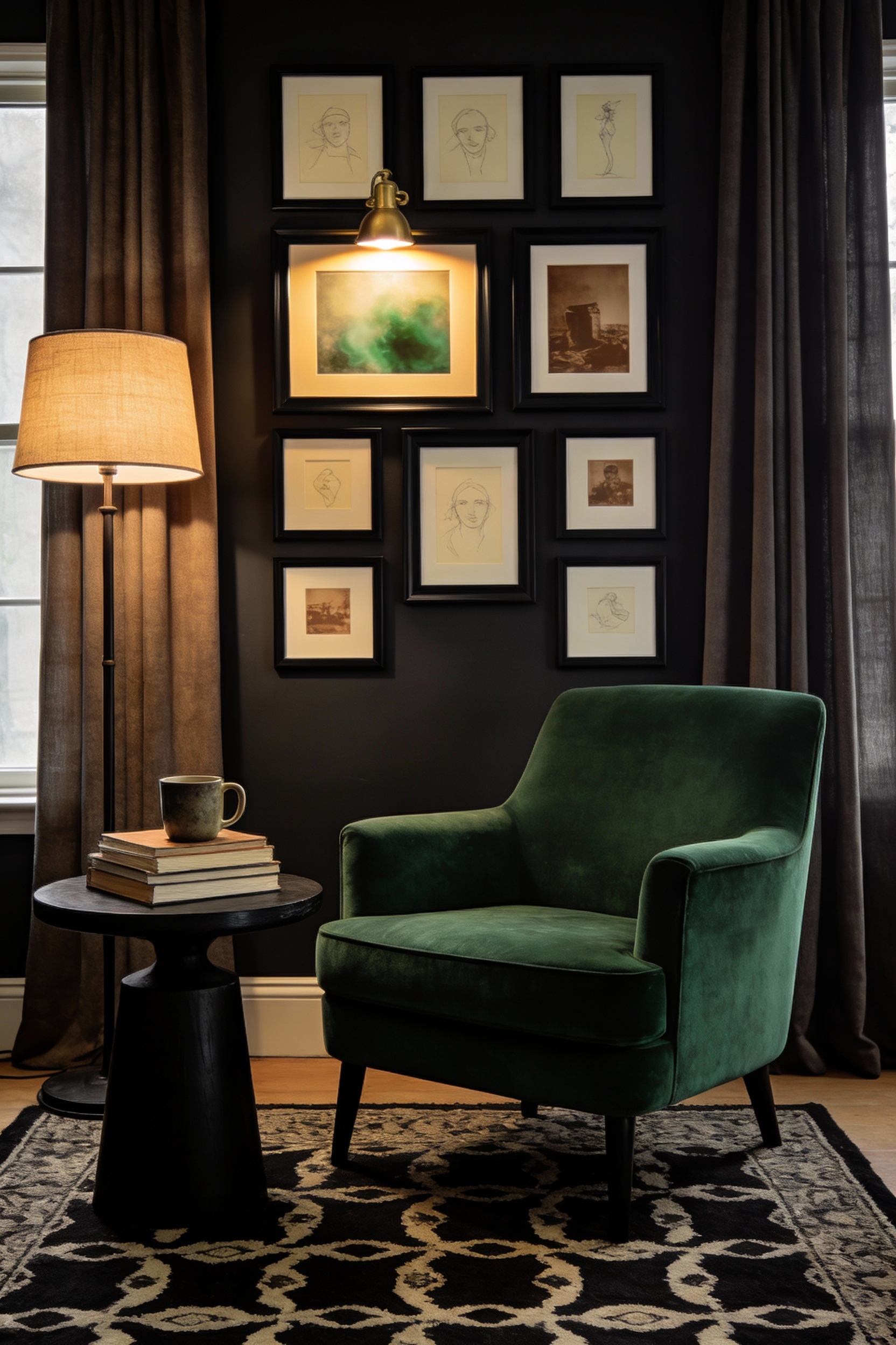 Medium photorealistic shot of a moody reading den with deep charcoal walls; tight rectangular cluster of matte black fra