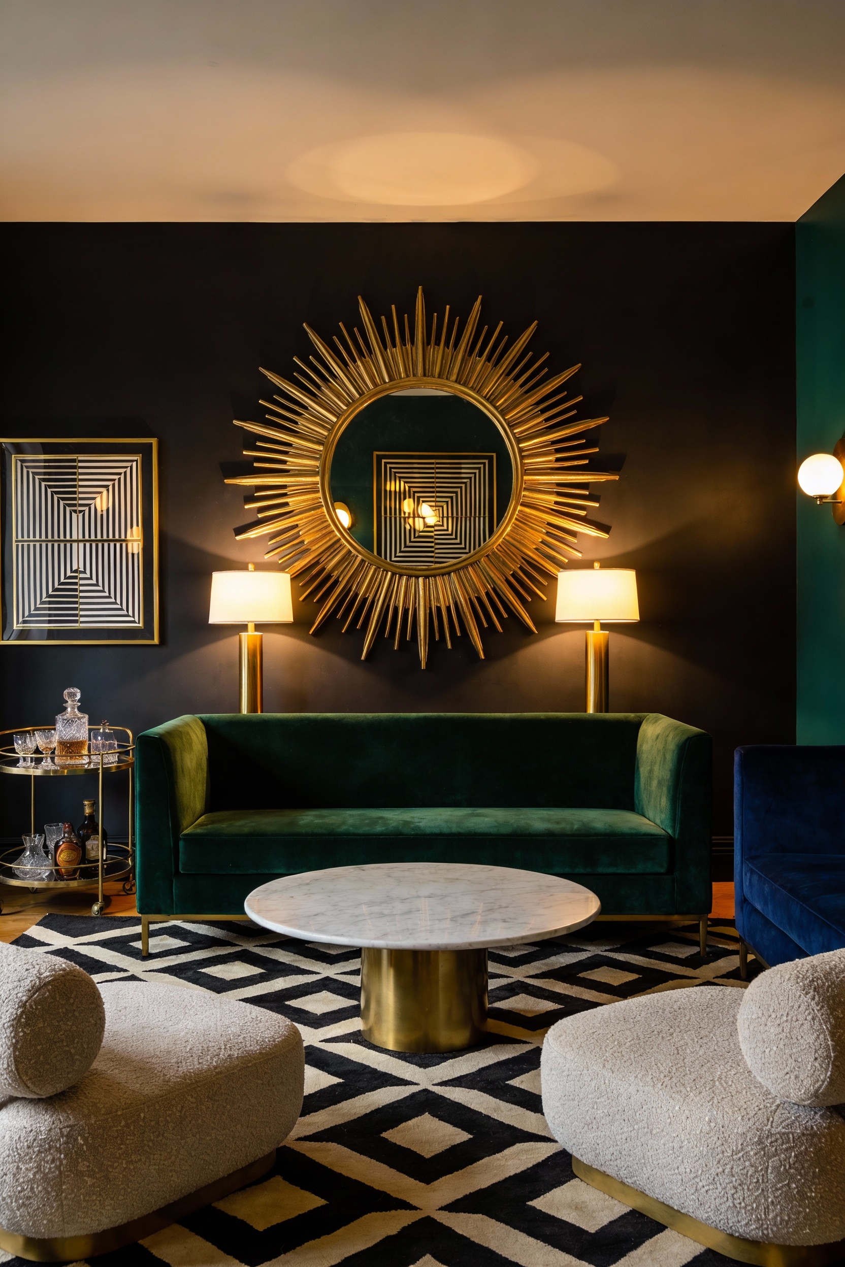 Medium photorealistic moody Art-Deco living room, straight-on view: warm brass sunburst statement mirror centered above 