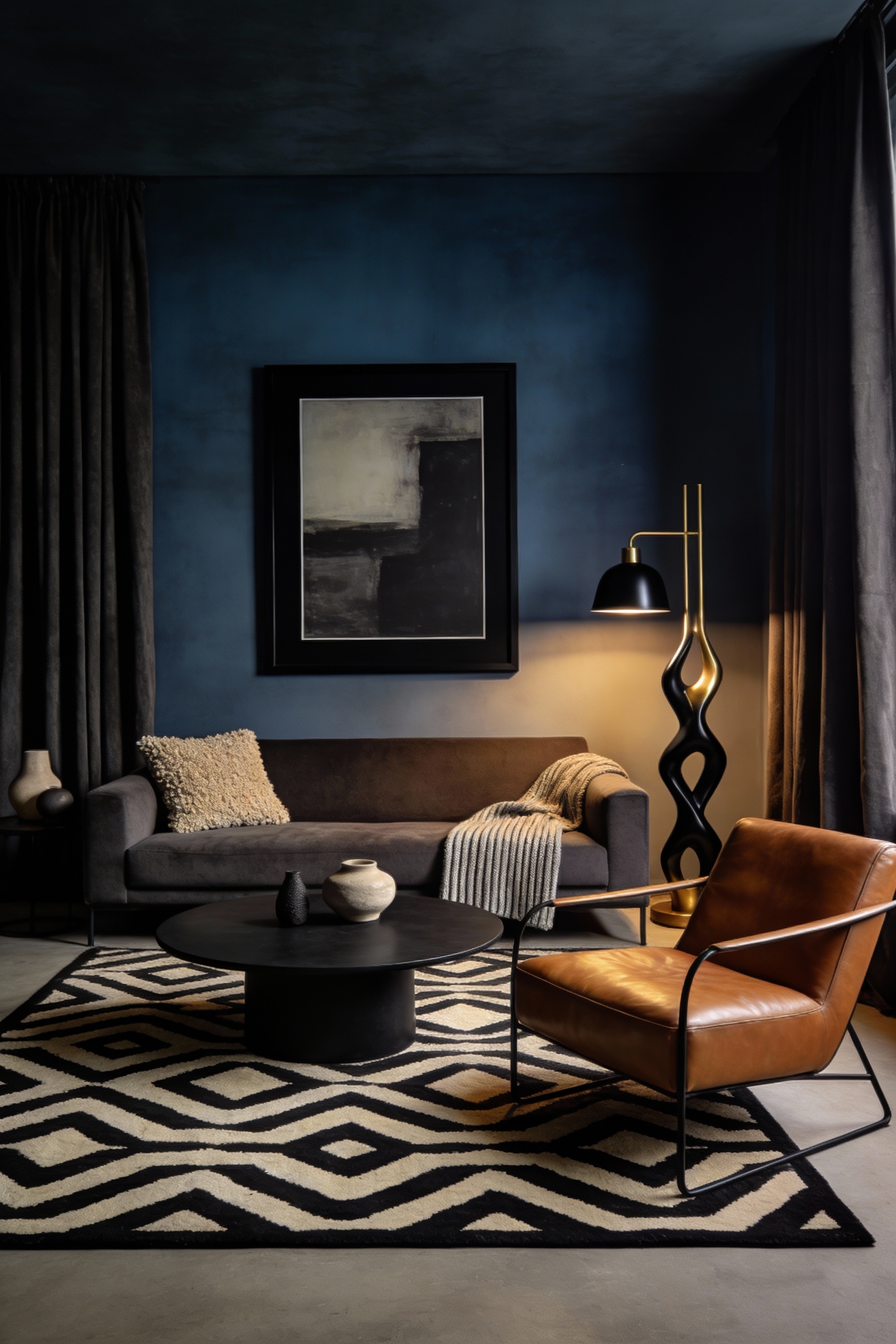 Medium photorealistic moody modern den, straight-on view: bold black-and-cream medium-scale geometric rug anchoring the 