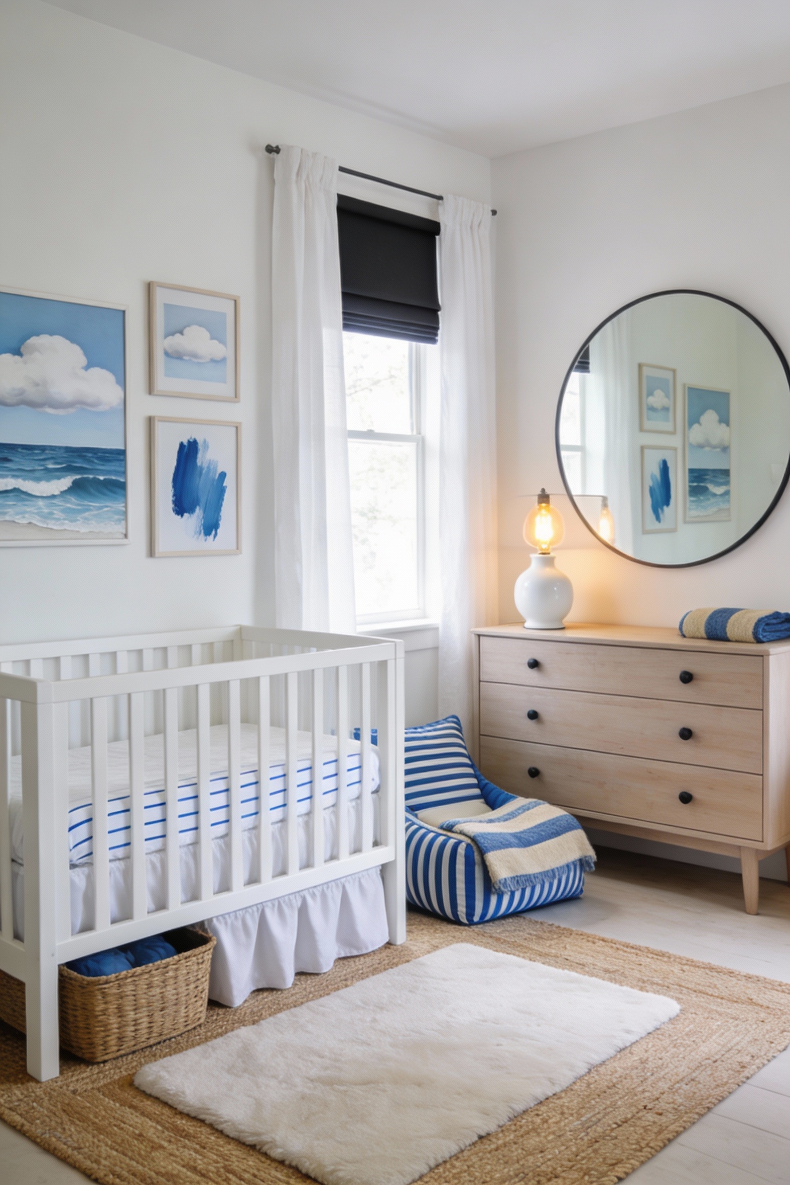Medium photorealistic straight-on view of a modern blue-and-white coastal calm nursery: light airy warm white walls, cri