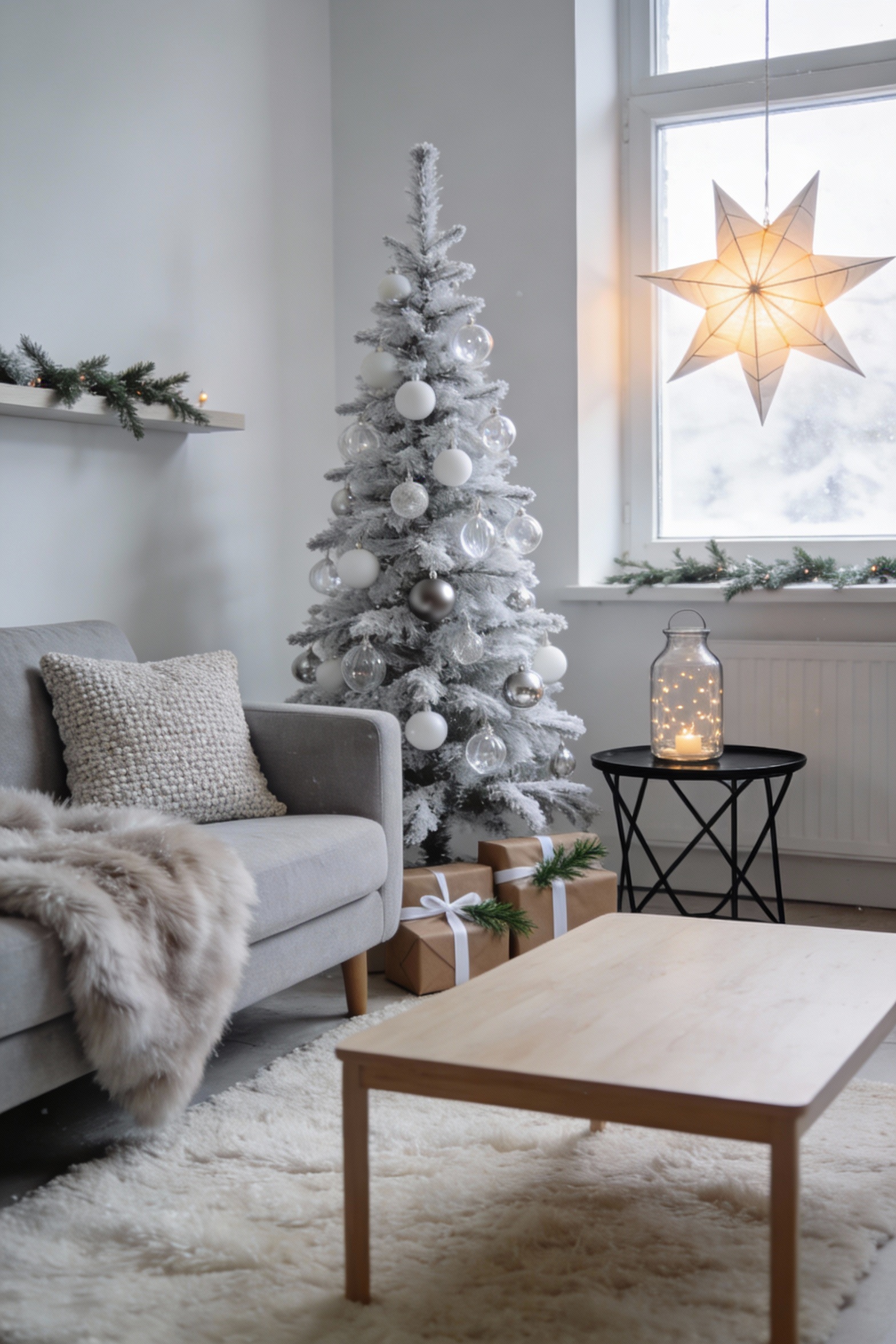 2. Bright airy Scandinavian living room, medium corner-angle shot: narrow frosted Christmas tree with white ornaments, c
