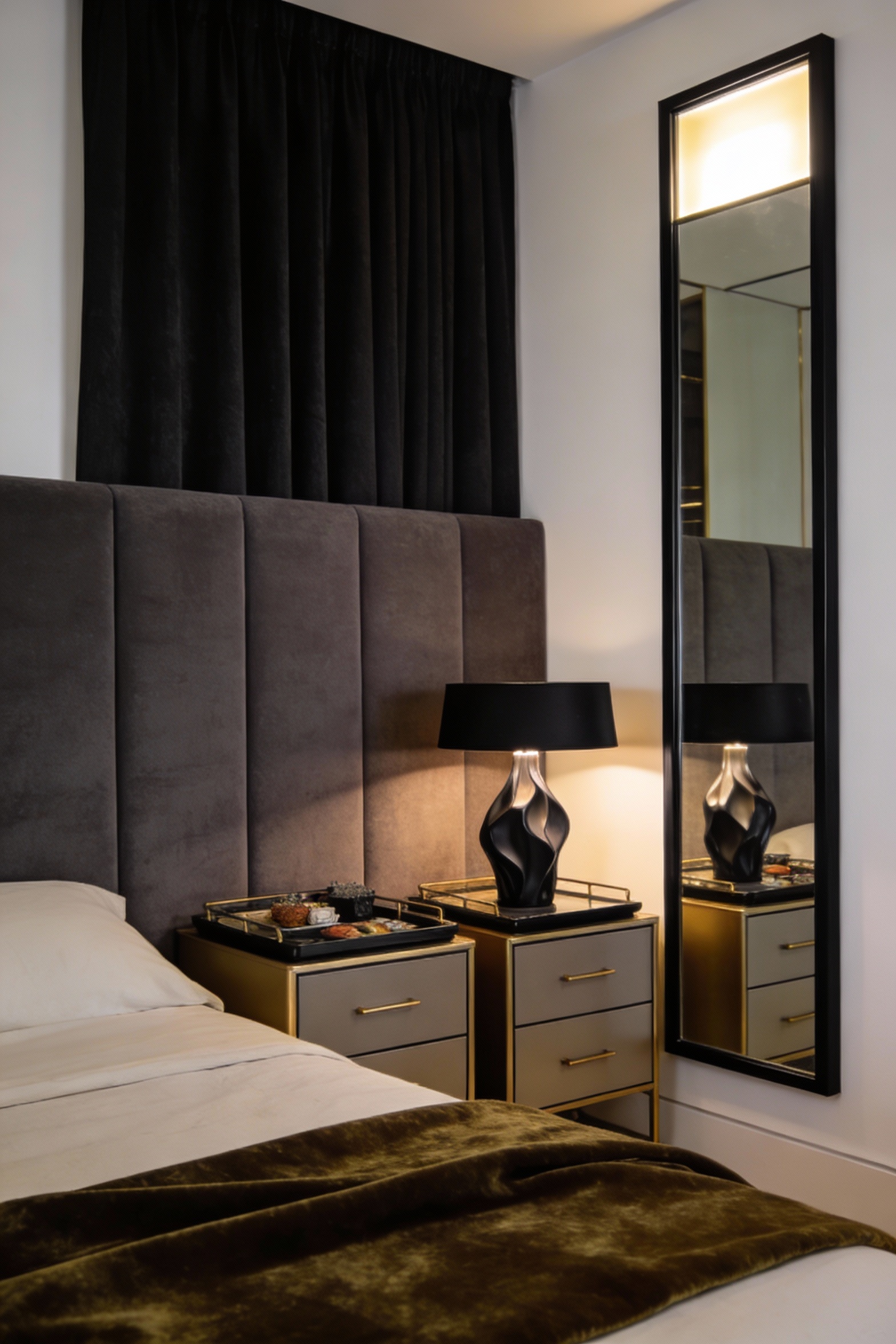 2. Medium photorealistic straight-on shot of a boutique-hotel small bedroom: tall upholstered headboard in charcoal/deep