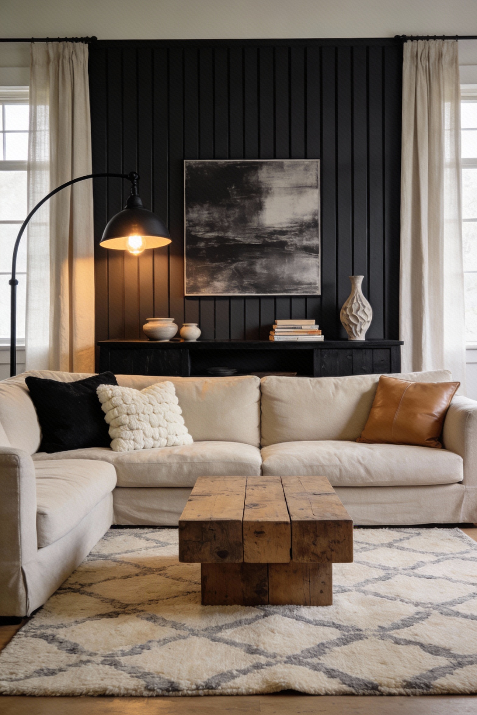Straight-on medium-wide photorealistic modern farmhouse living room: full picket-inspired vertical slat accent wall behi