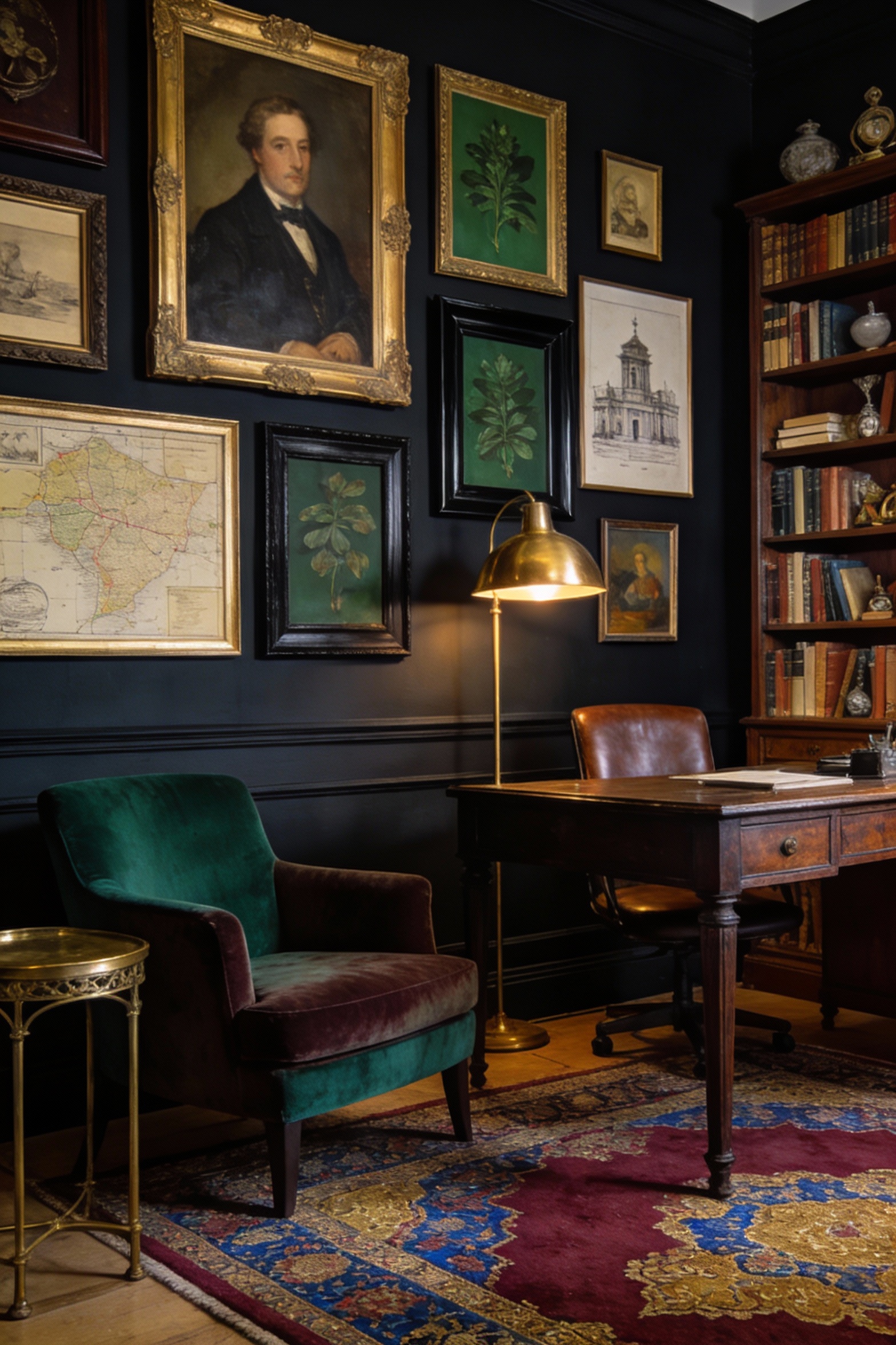 Medium shot of a moody library-style home office with deep inky near-black navy walls: vintage dark-wood desk, leather c