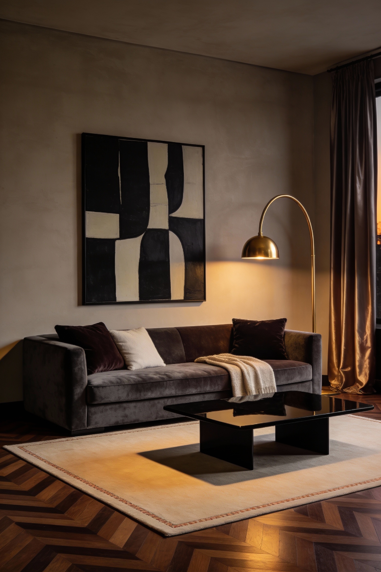 Medium photorealistic shot straight-on of a bold Euro apartment living room with medium-to-dark herringbone parquet floo