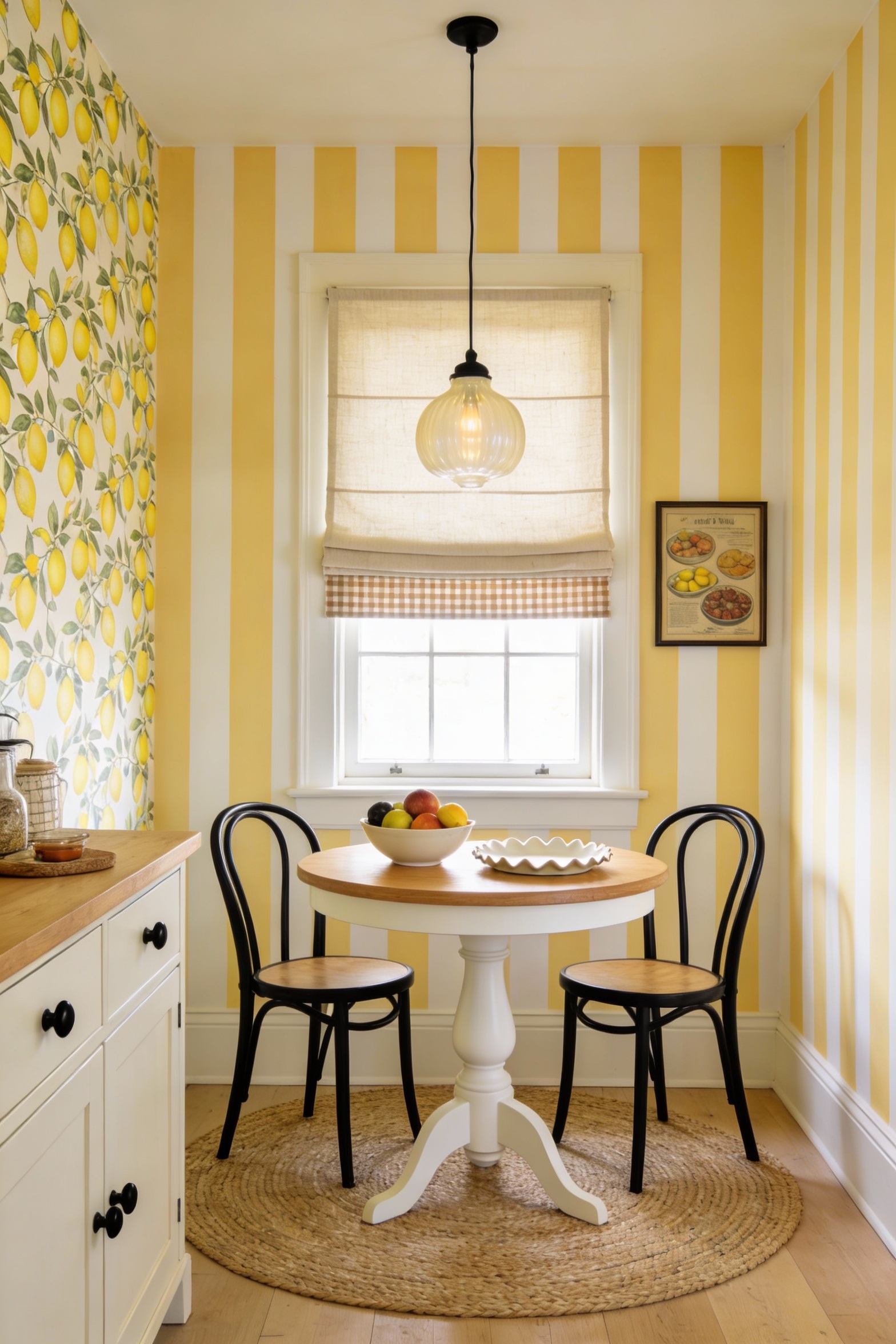 2. Medium straight-on photorealistic shot of a sunny breakfast nook with cheerful wallpaper of wide buttery-yellow and s