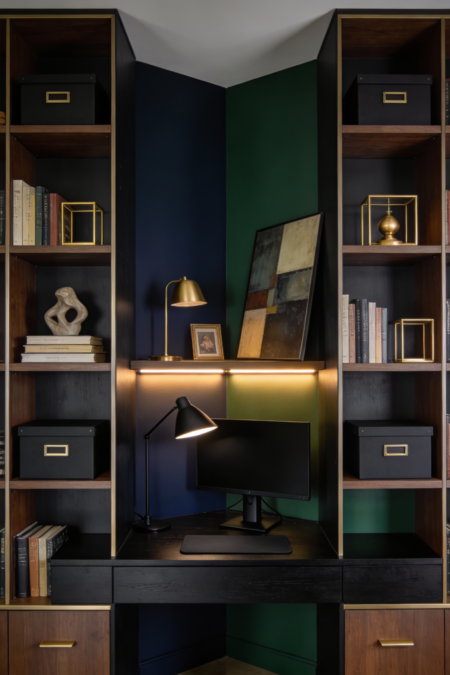 2. Medium straight-on photorealistic shot of a moody “midnight library” home office: a built-in-looking modular desk fra