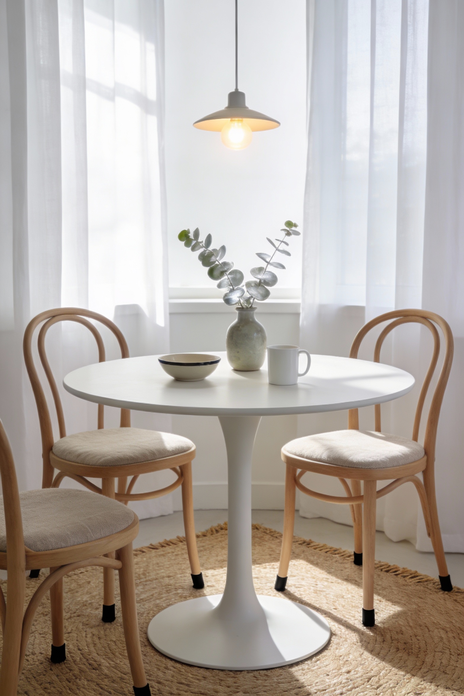 2. Medium straight-on photorealistic shot of a bright Scandinavian breakfast bay: round pedestal table in matte white, t