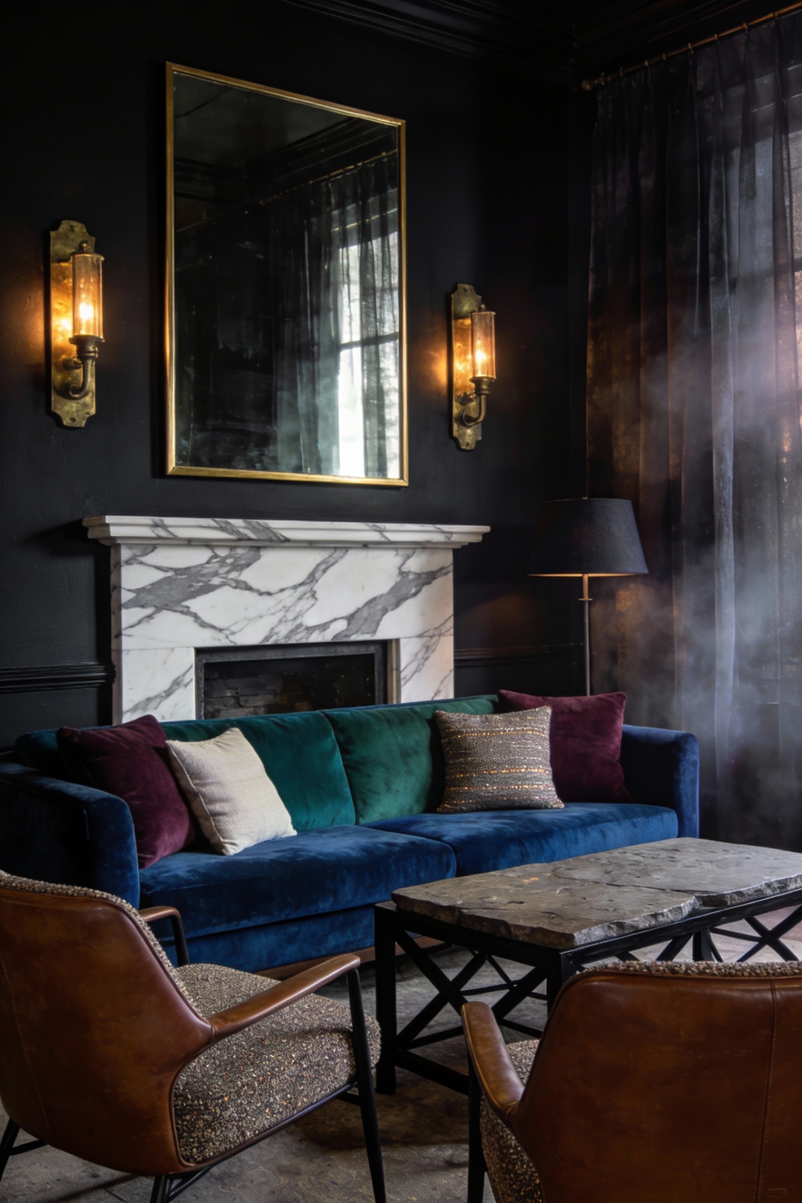 Medium straight-on photorealistic view of a moody boutique-hotel den focused on a deep charcoal/near-black painted chimn