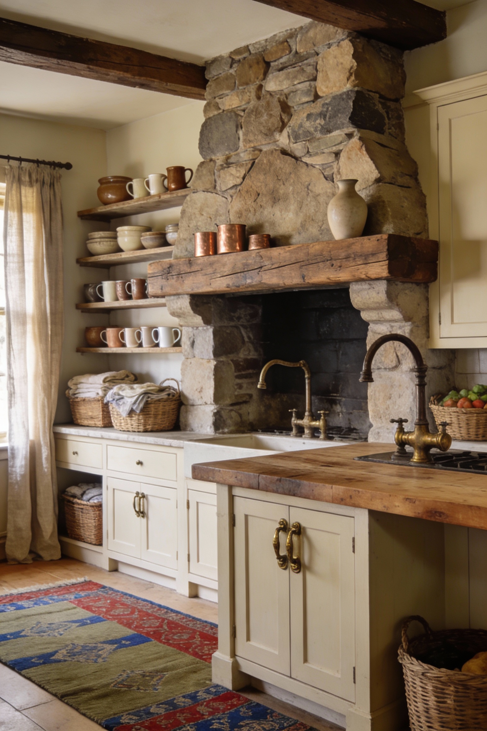 Medium shot photorealistic rustic cottage kitchen focused on a chunky natural stone or aged brick chimney with imperfect